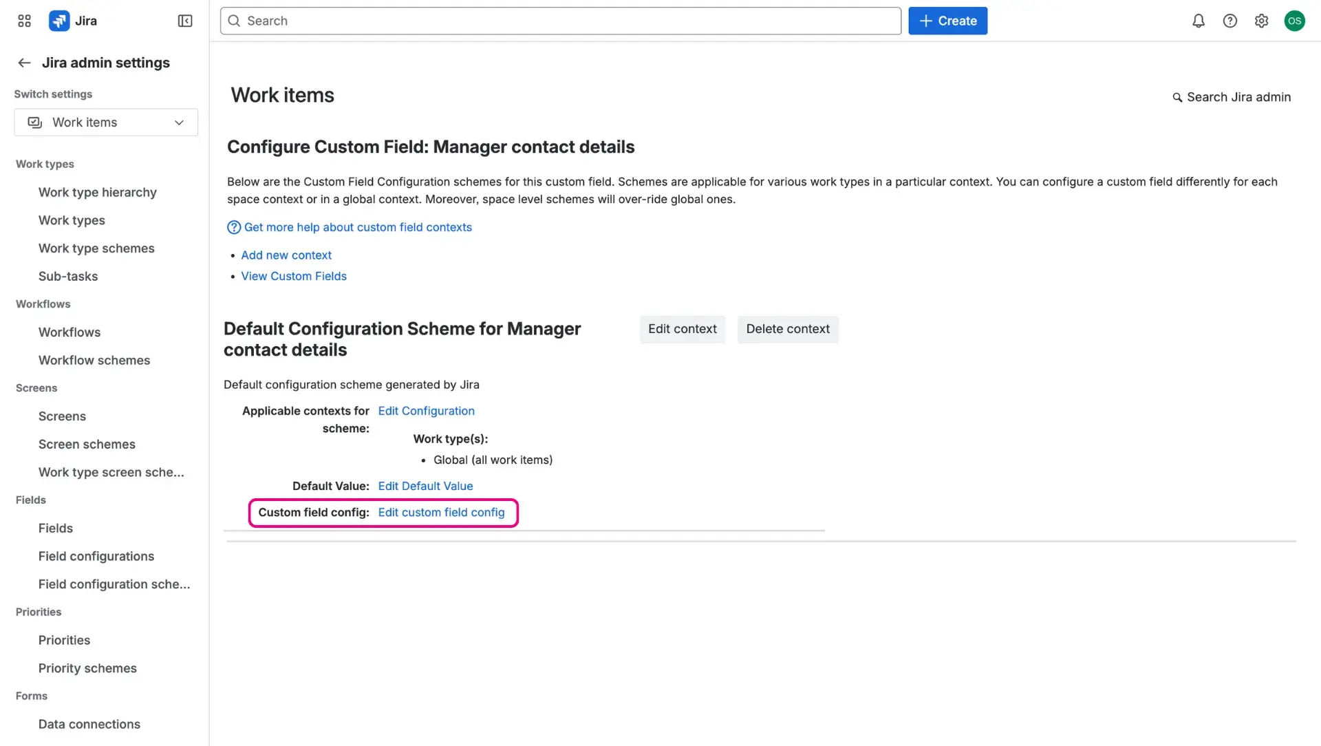 Editing the context of the HubSpot Jira integration custom field - graphic of a screen for accesing the custom configuration of the field.