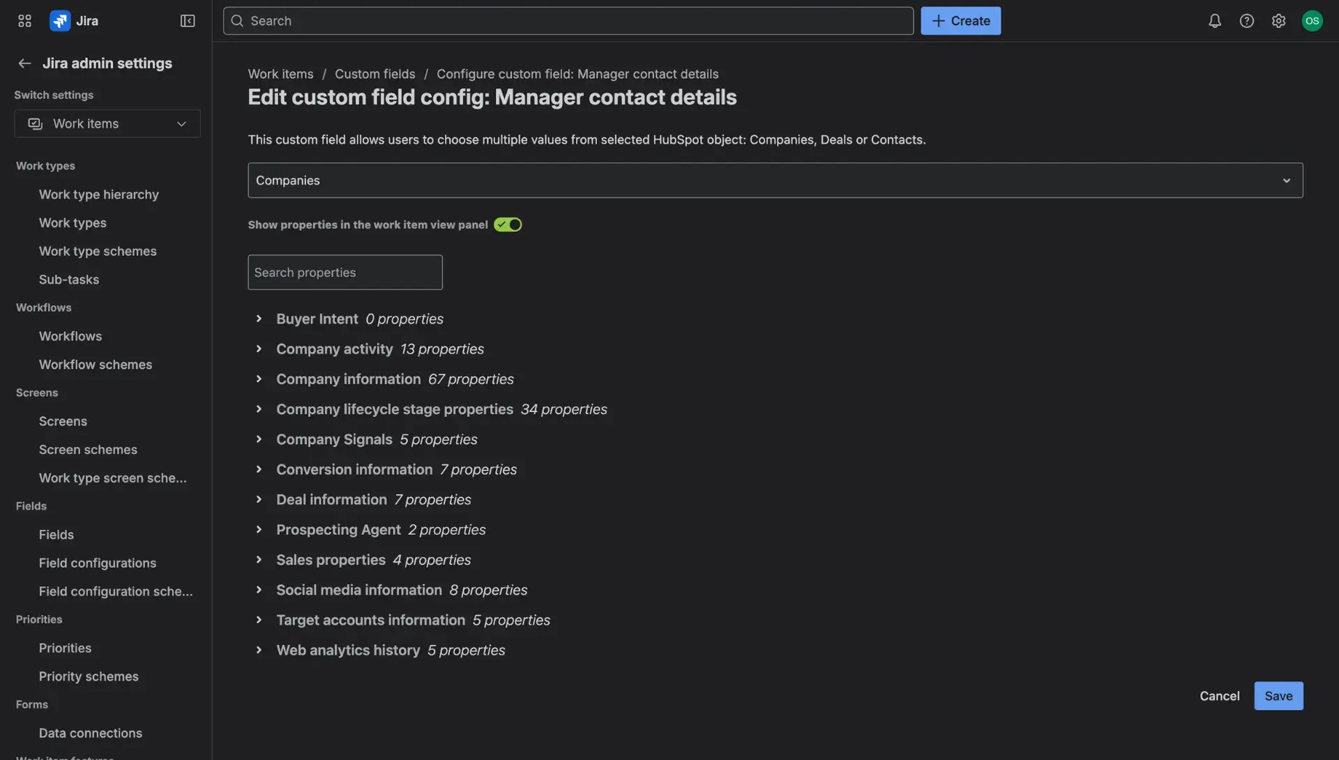 List of properties that should be additionally displayed in the HubSpot panel in the Jira work items, based on the value in the HubSpot Jira integration custom field.