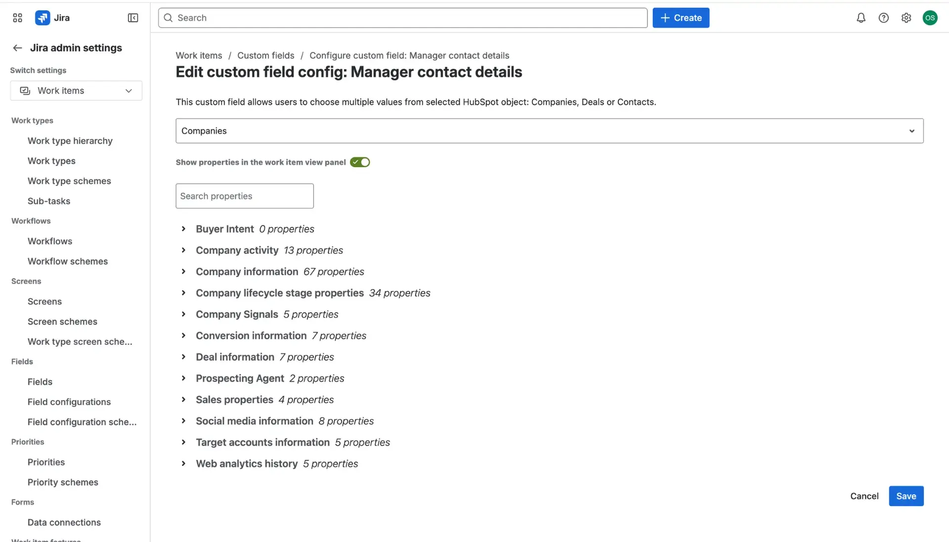 List of properties that should be additionally displayed in the HubSpot panel in the Jira work items, based on the value in the HubSpot Jira integration custom field.