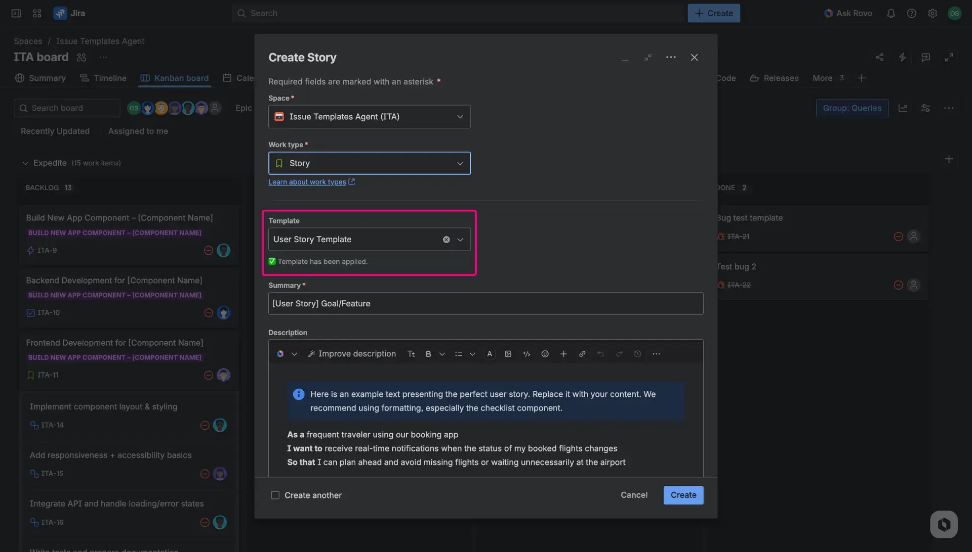 Create issue dialog window with a Template field highlighted - users can usually find it right under Status field.