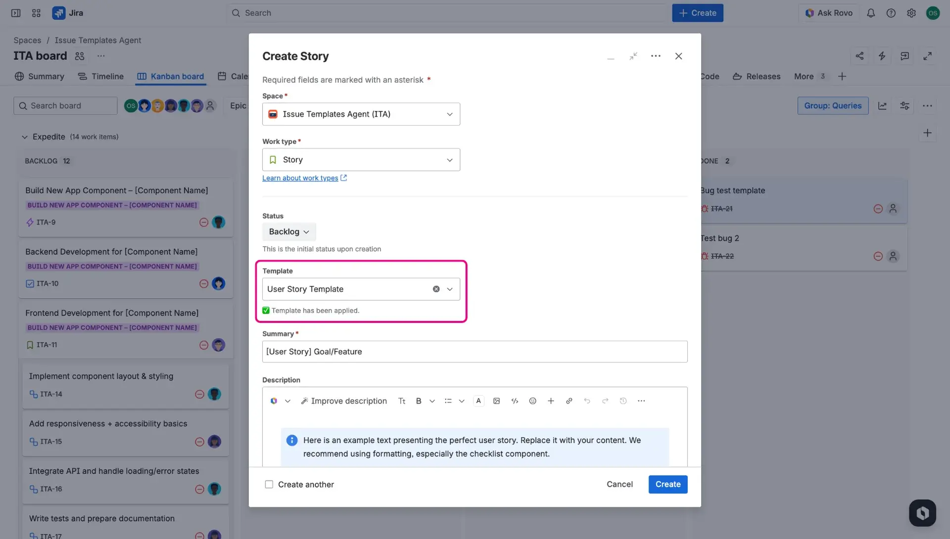 Create issue dialog window with a Template field highlighted - users can usually find it right under Status field.