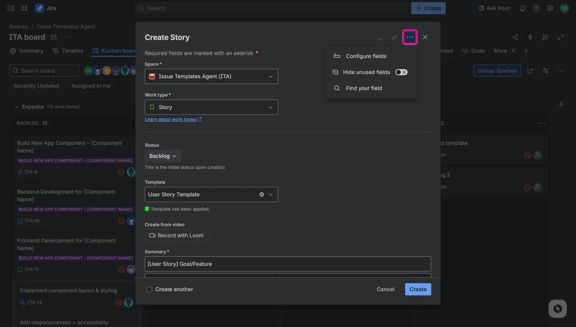 Troubleshooting options for the template field - the Create issue dialog with opened More options menu showcasing two options - Find your field and Hide unused fields.