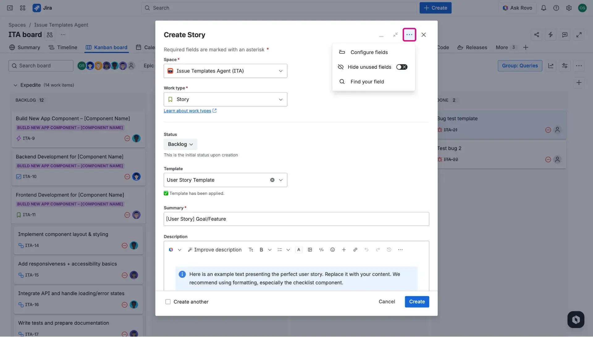 Troubleshooting options for the template field - the Create issue dialog with opened More options menu showcasing two options - Find your field and Hide unused fields.