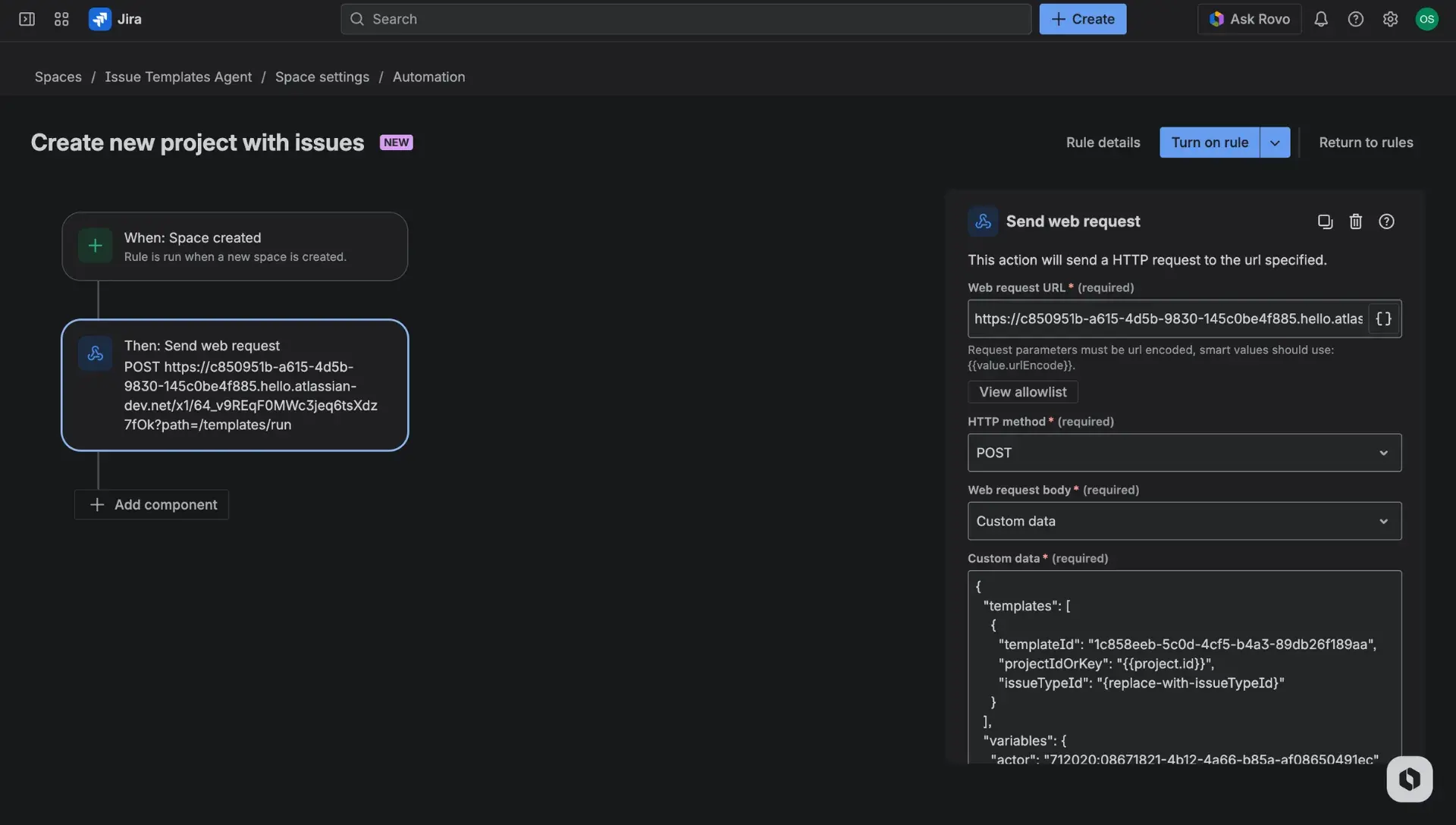 Jira automation rule builder with an example use case described - rule consists of a New project created trigger and a Send web request action. The panel on the right showcases details of the web request body.