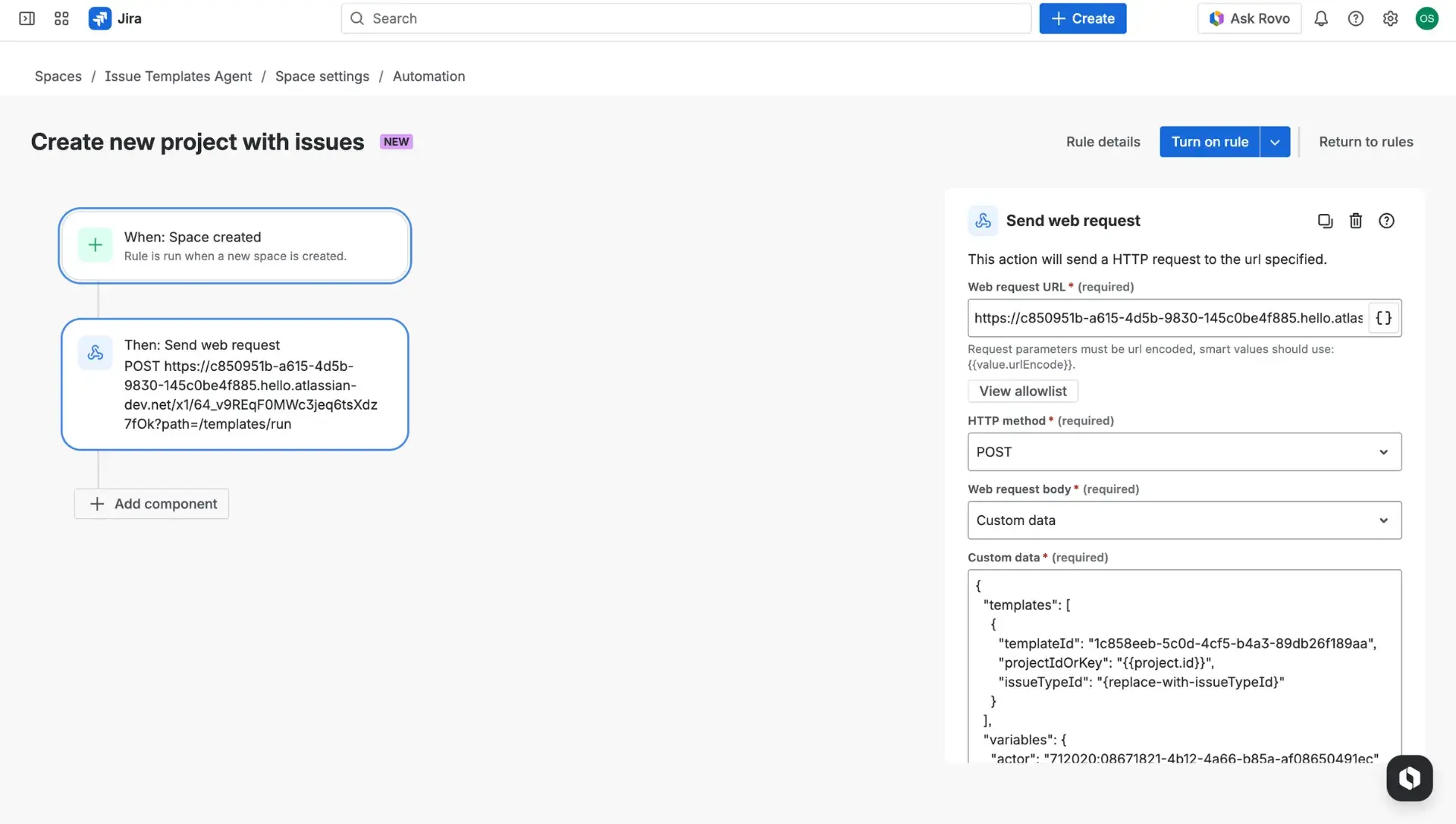 Jira automation rule builder with an example use case described - rule consists of a New project created trigger and a Send web request action. The panel on the right showcases details of the web request body.