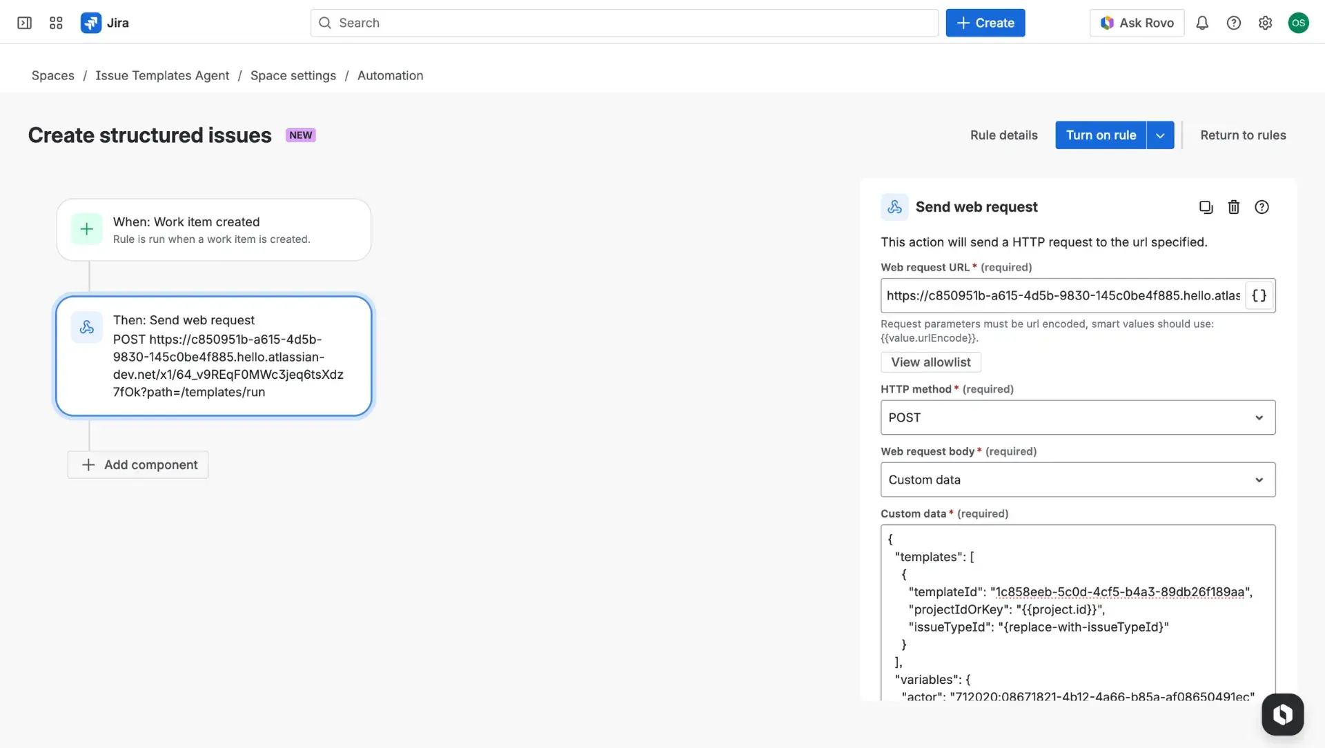 Jira automation rule builder with an example use case described - rule consists of a Work item created trigger and a Send web request action. The panel on the right showcases details of the web request body.