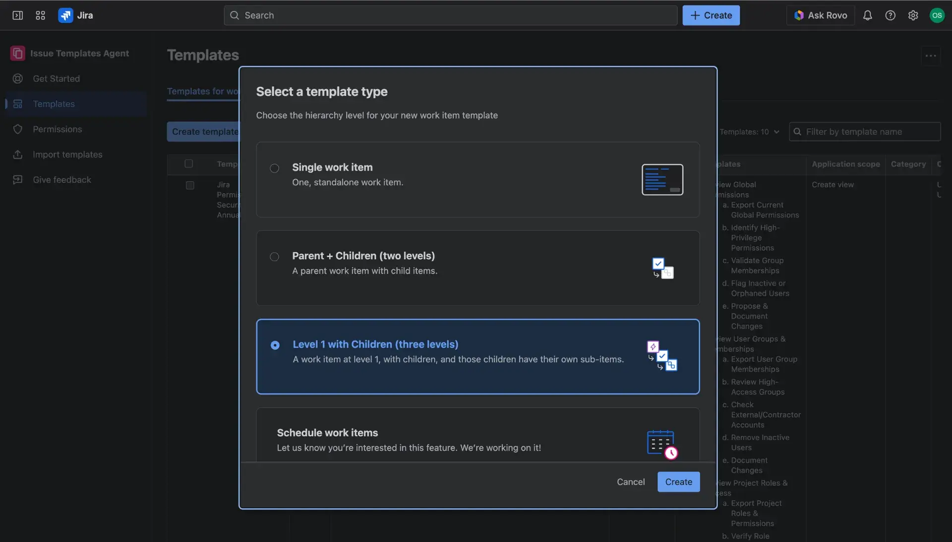 Template creation menu - dialog window with Advanced template option highlighted.