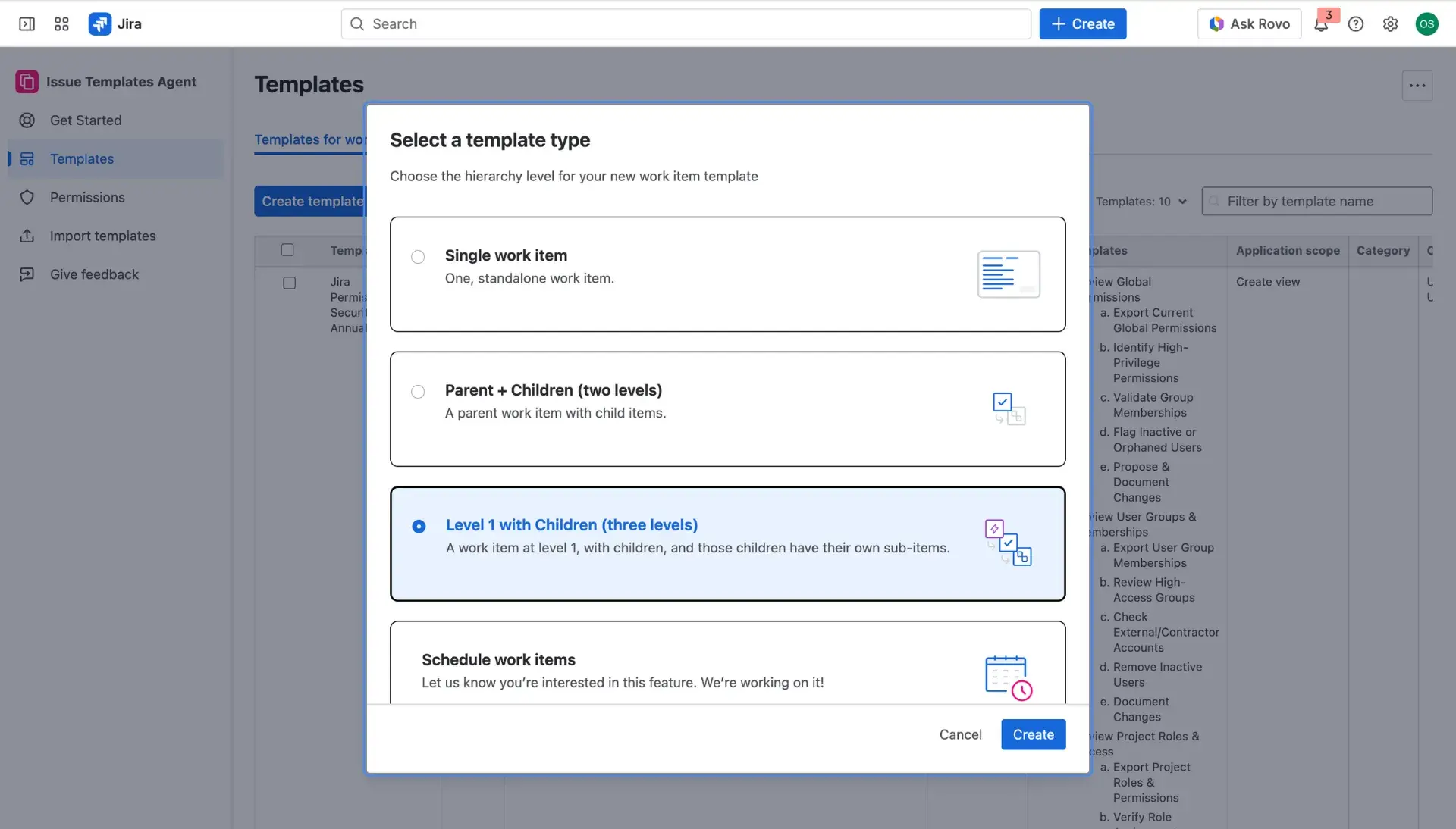 Template creation menu - dialog window with Advanced template option highlighted.