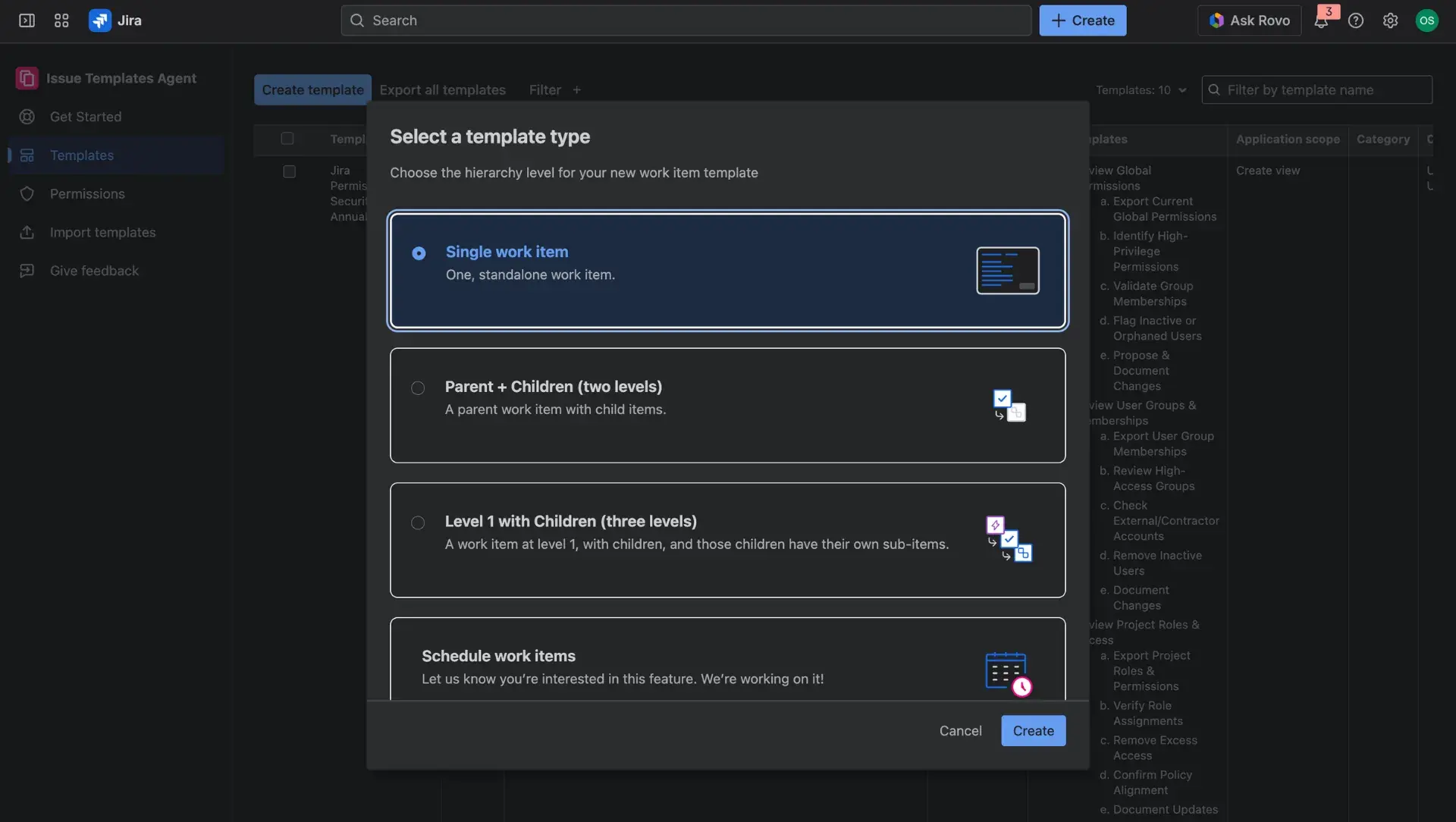 Template creation menu - dialog window with Basic template option highlighted.