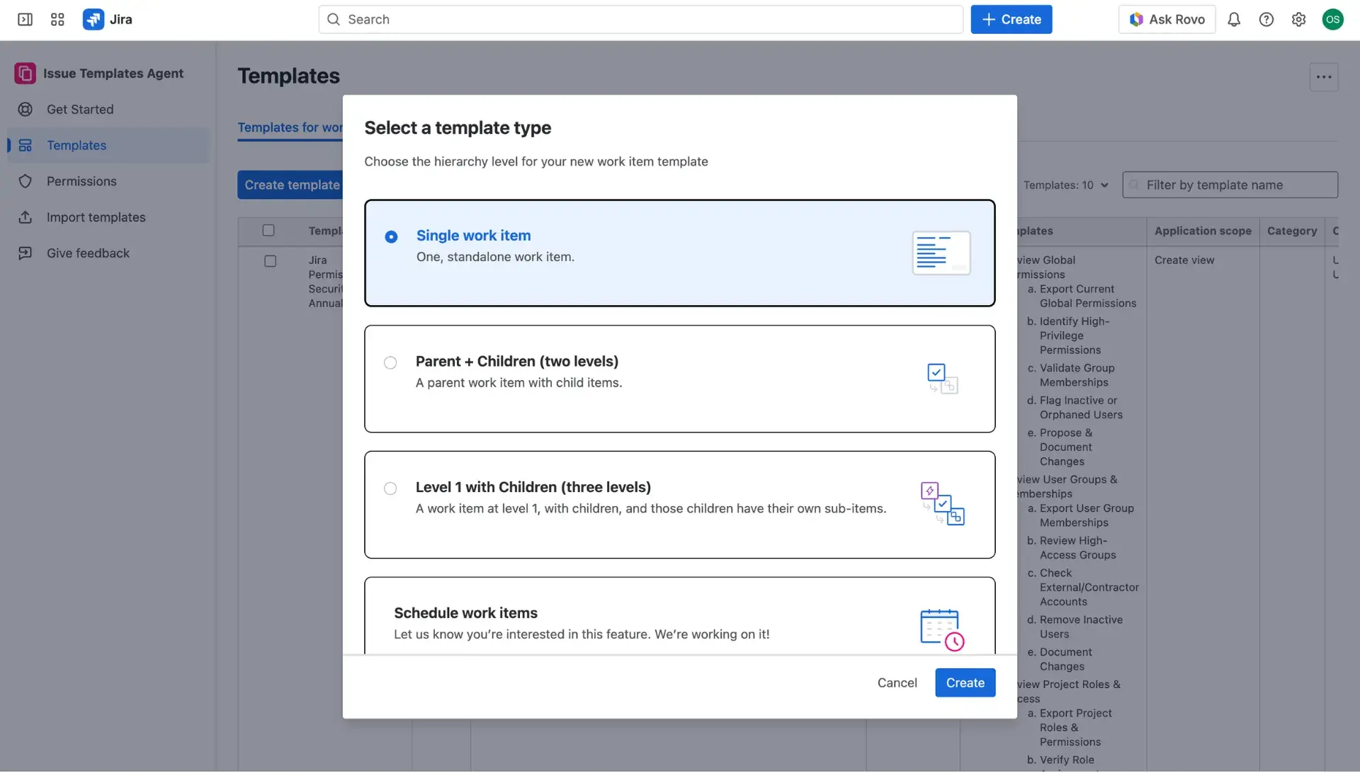 Template creation menu - dialog window with Basic template option highlighted.