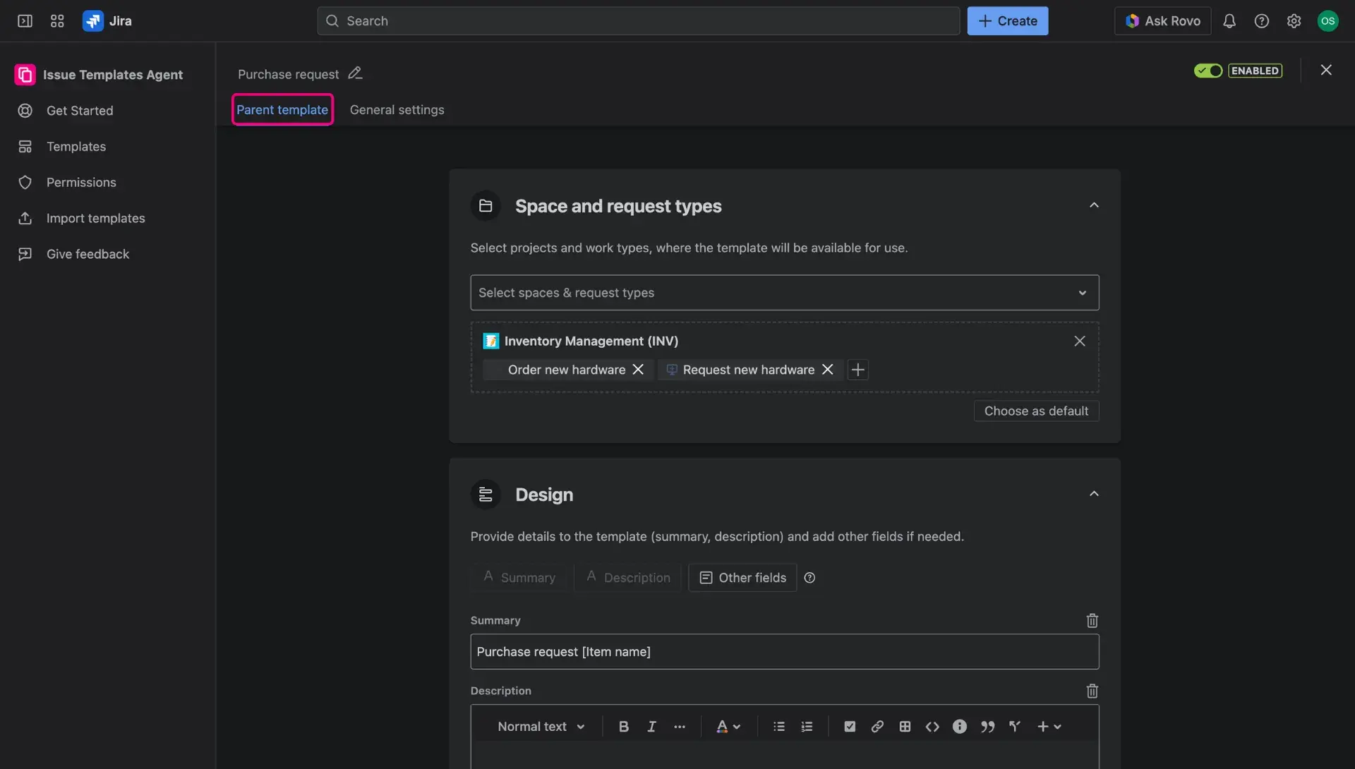 Template design for issue templates for Jira Service Management request forms.