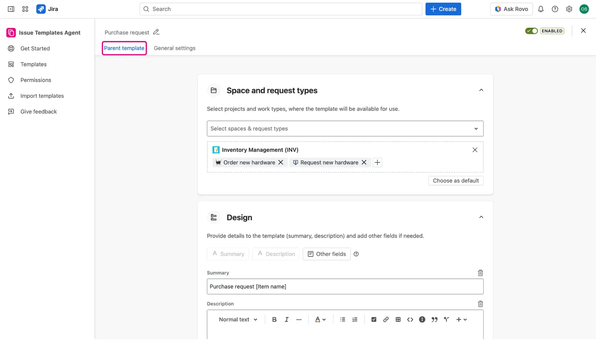 Template design for issue templates for Jira Service Management request forms.