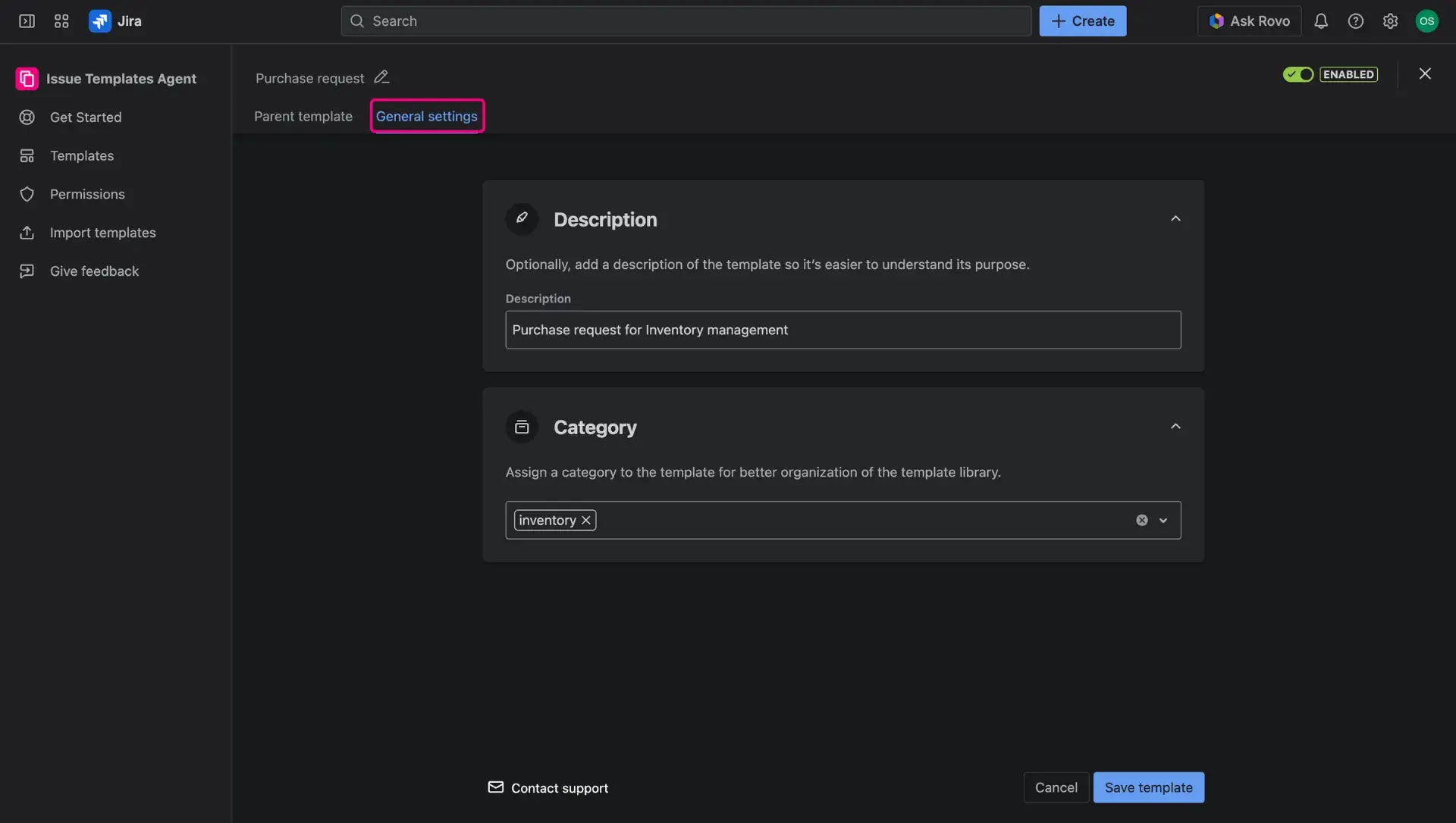 Template design for issue templates for Jira Service Management request forms - General settings tab.