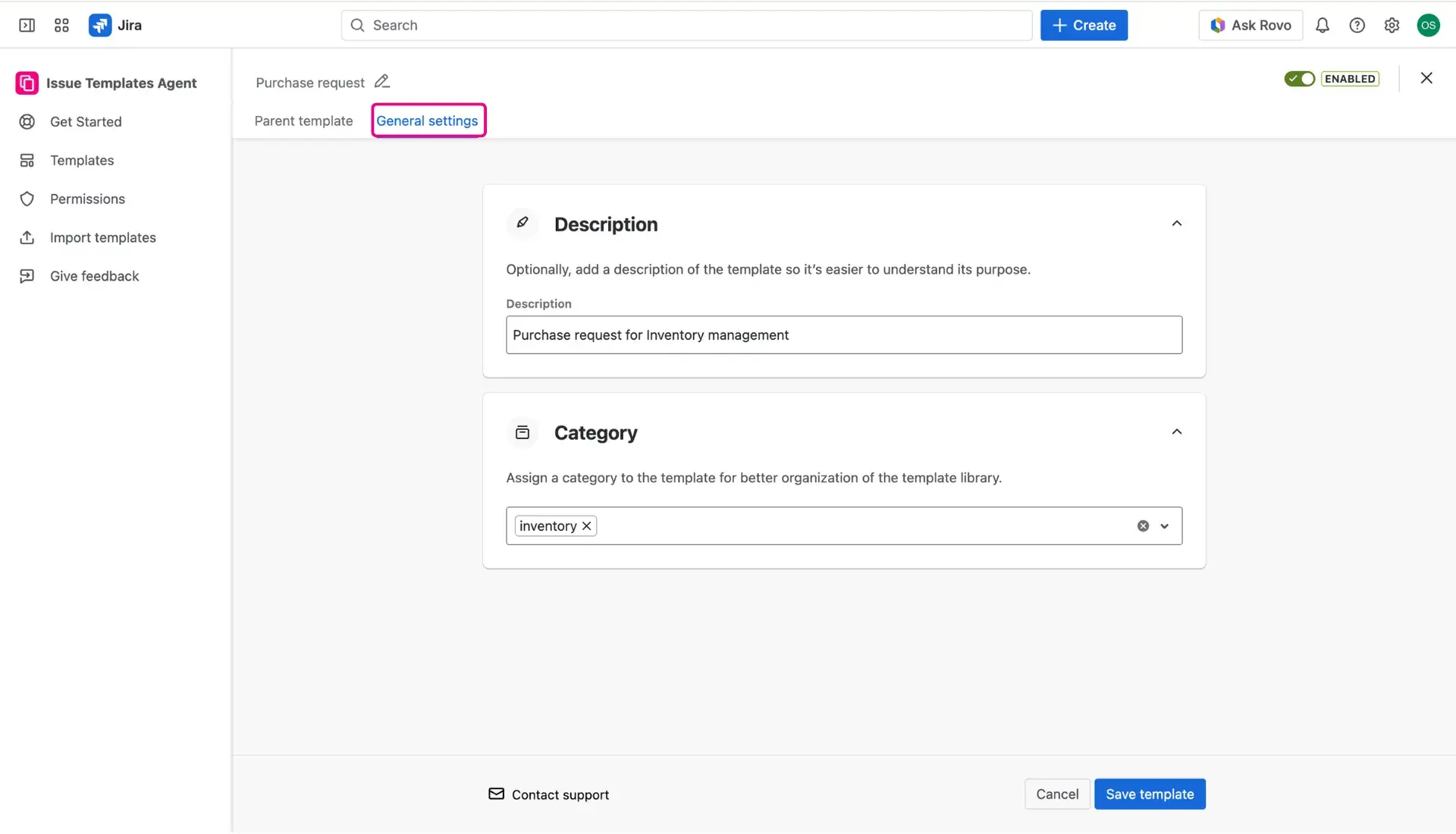 Template design for issue templates for Jira Service Management request forms - General settings tab.