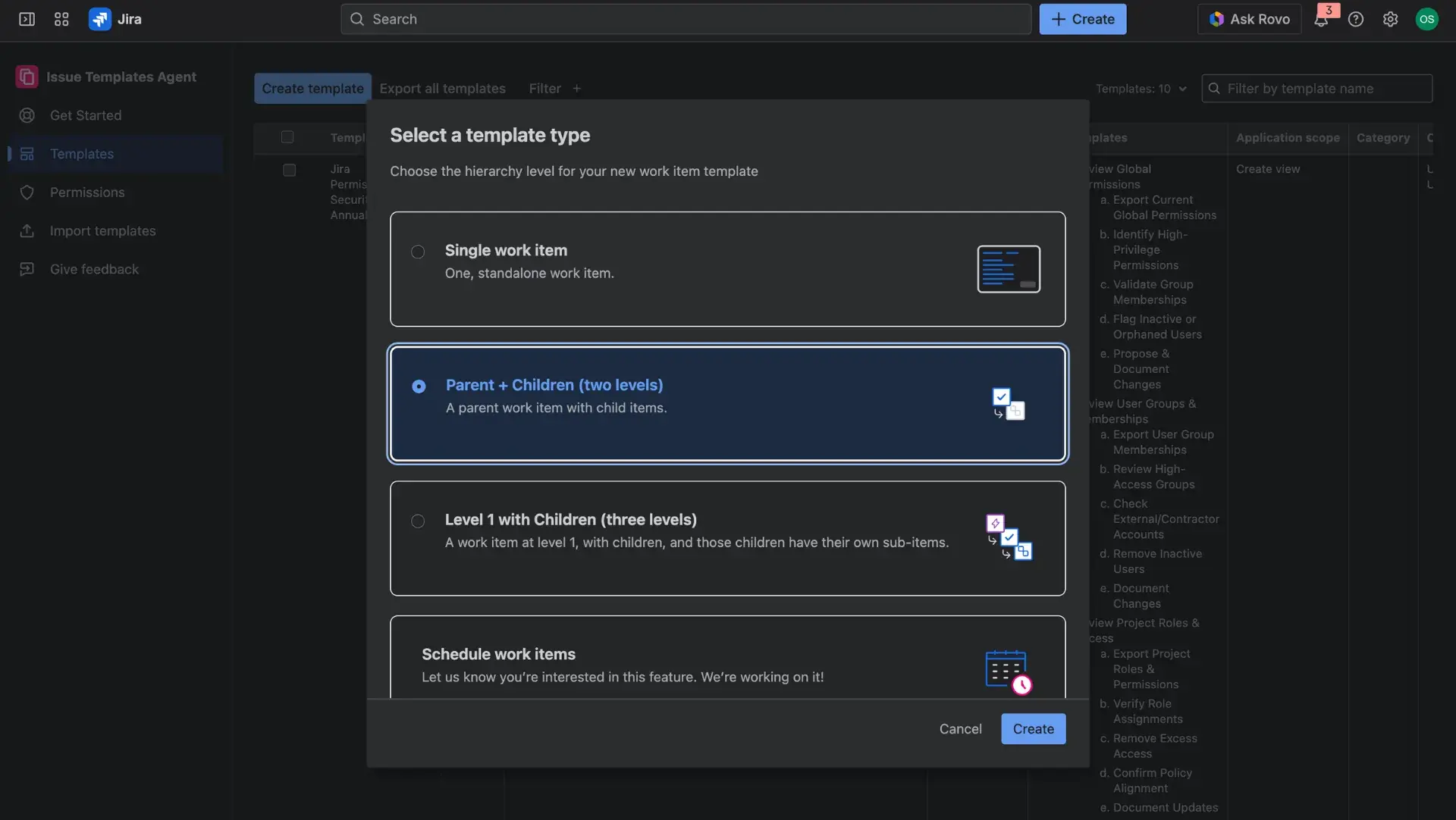 Template creation menu - dialog window with Simple template option highlighted.