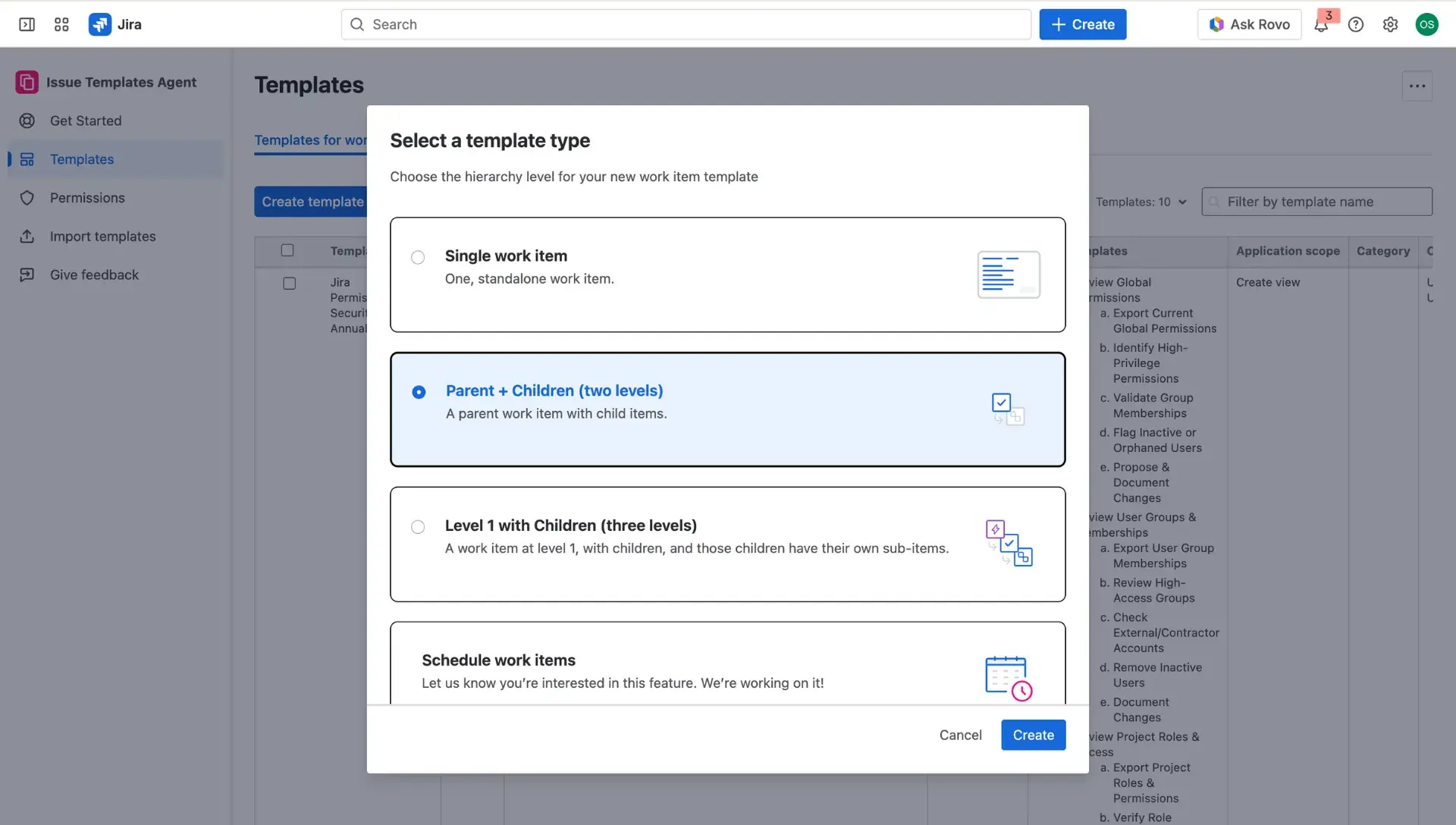 Template creation menu - dialog window with Simple template option highlighted.