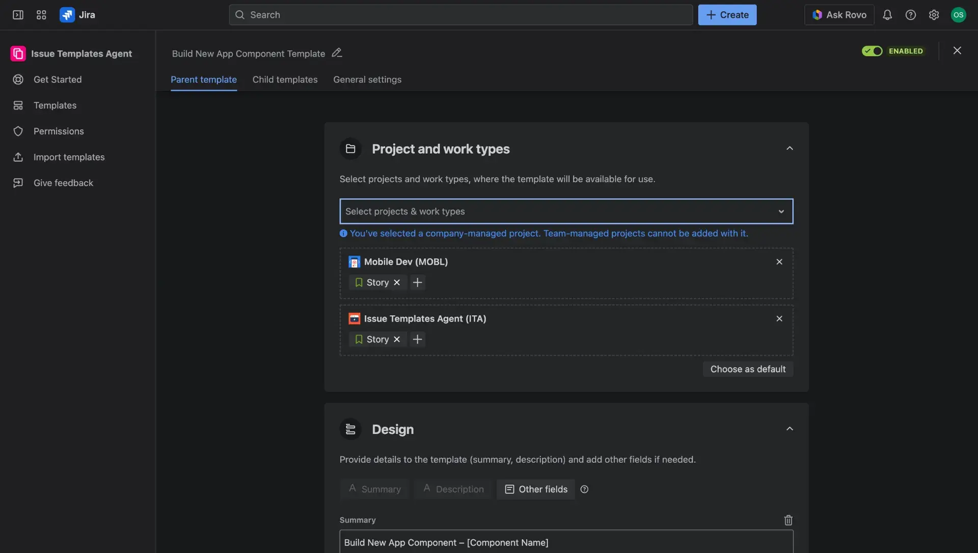 Jira issue template configuration screen in Issue Templates Agent - enabled toggle for saving templates as drafts.