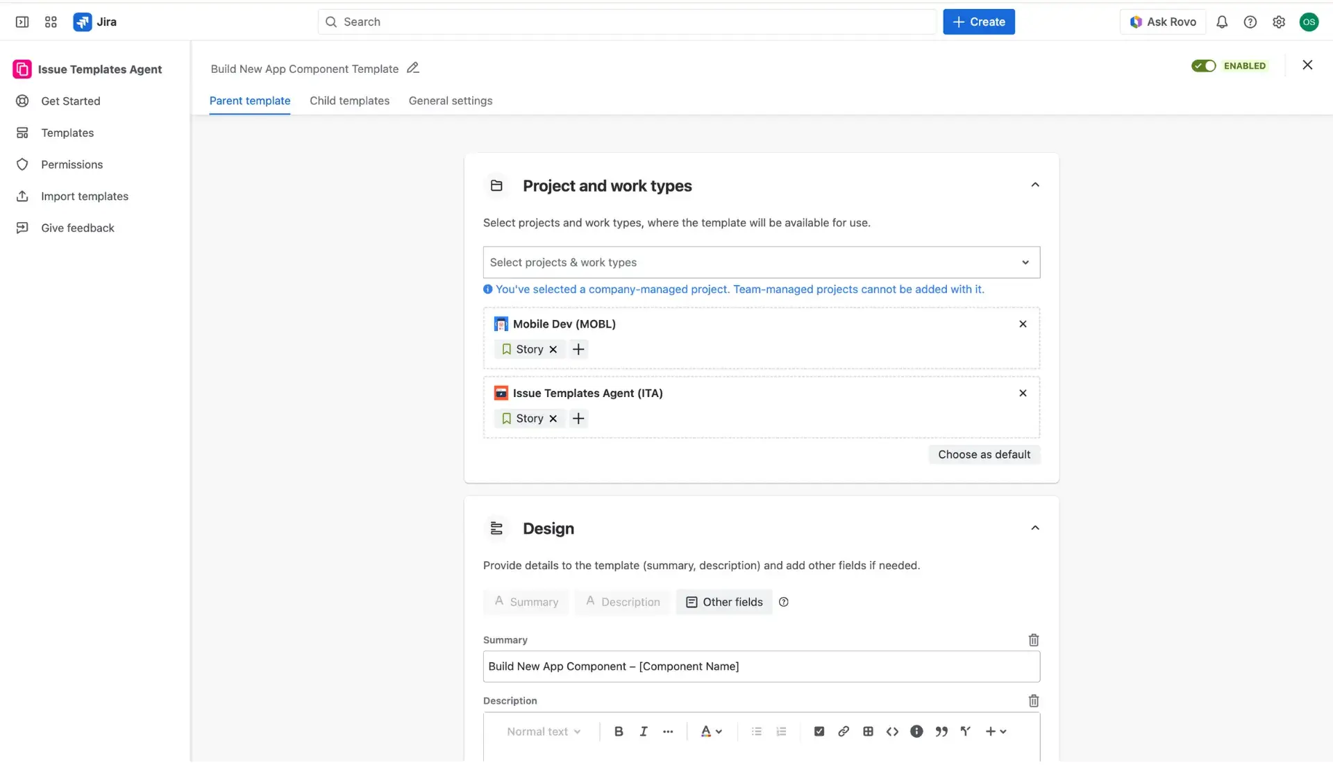 Jira issue template configuration screen in Issue Templates Agent - enabled toggle for saving templates as drafts.