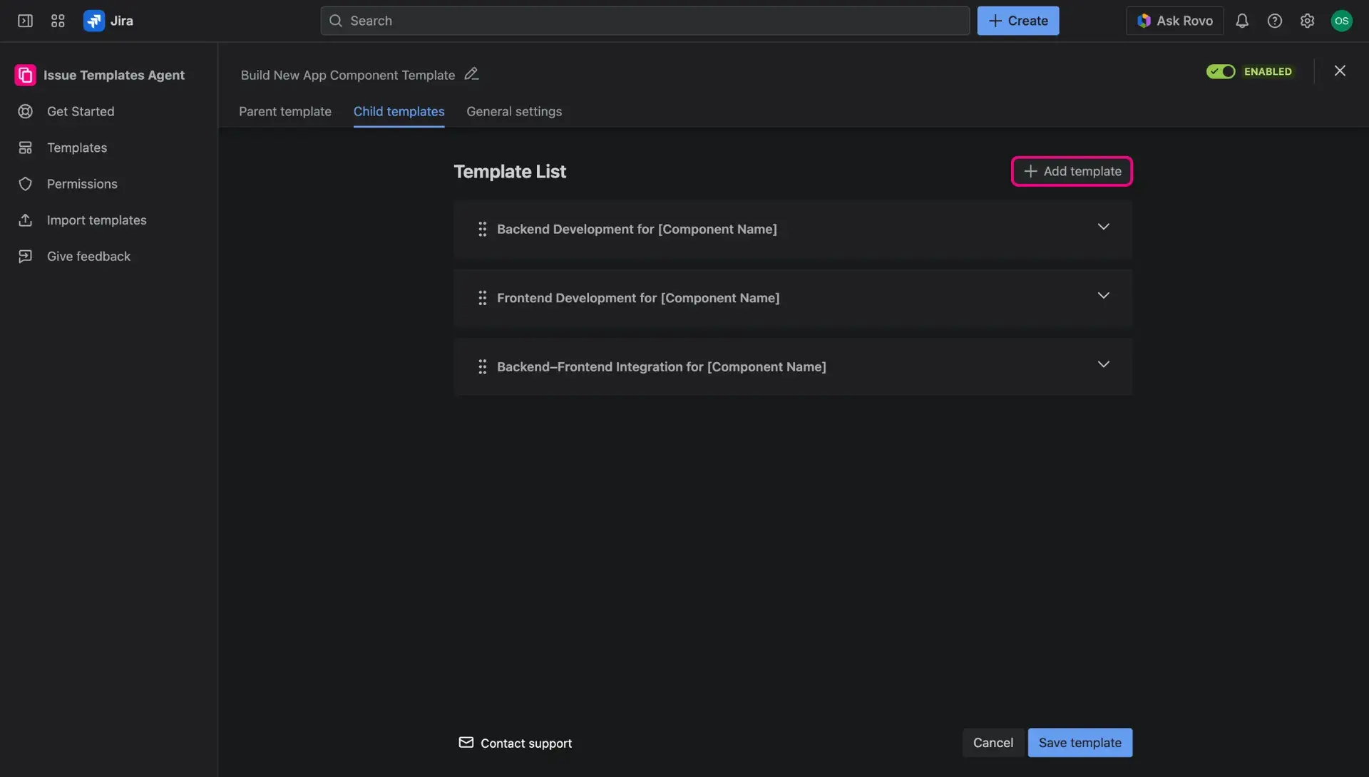 Configuring Jira issue template in Child item tab.