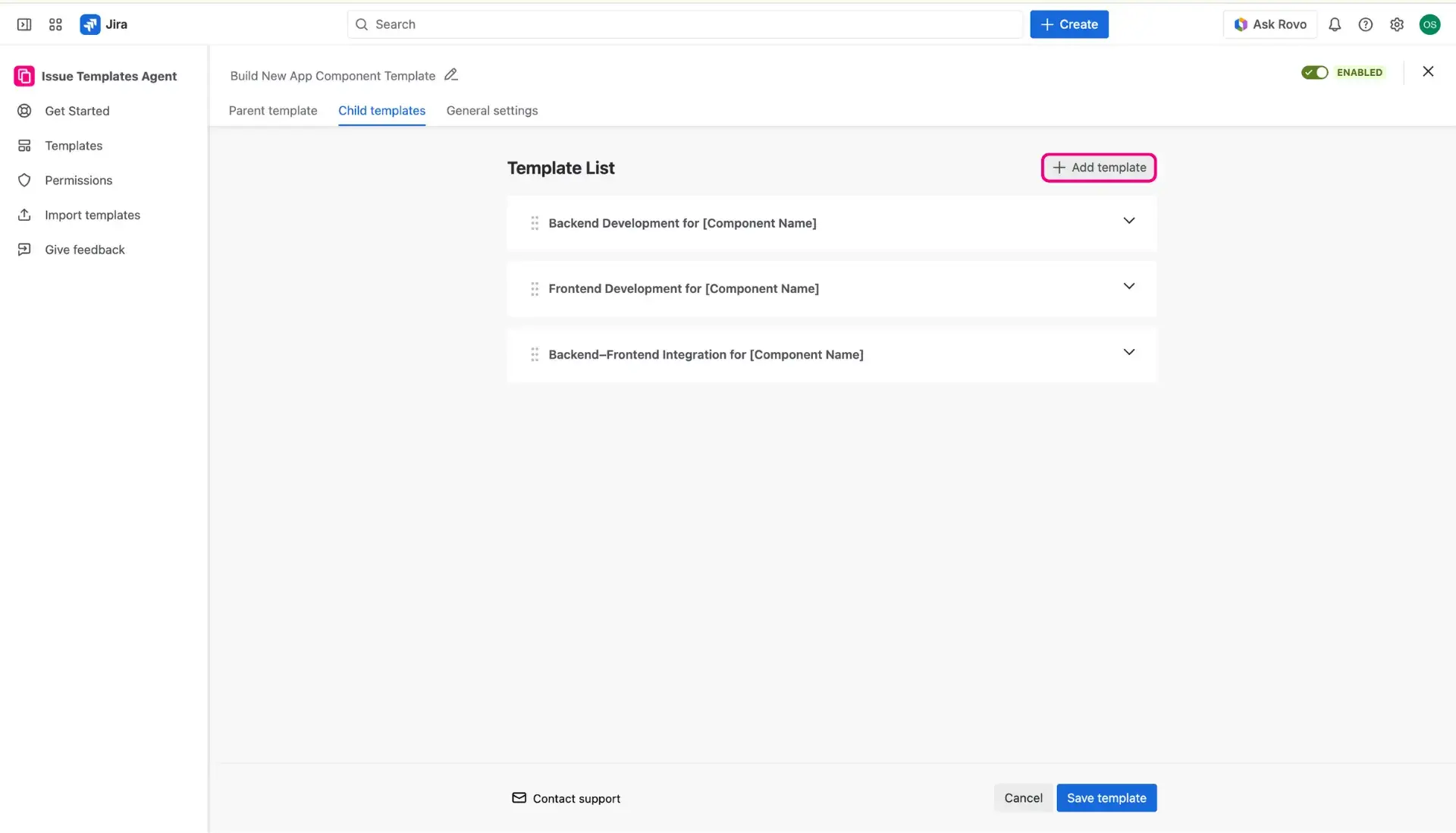 Configuring Jira issue template in Child item tab.