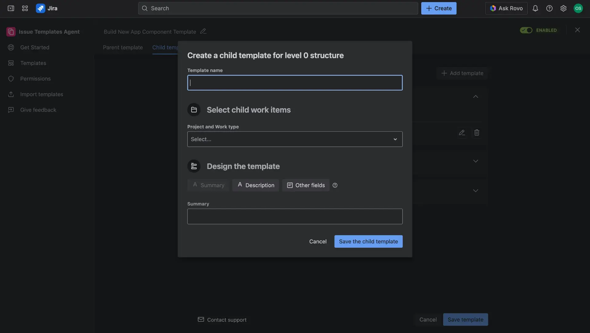 Configuring Jira issue template in Child item tab - adding a child item to the issue template - a dialog window.