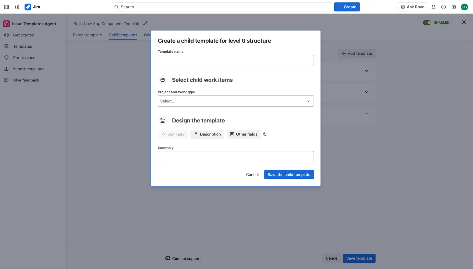 Configuring Jira issue template in Child item tab - adding a child item to the issue template - a dialog window.