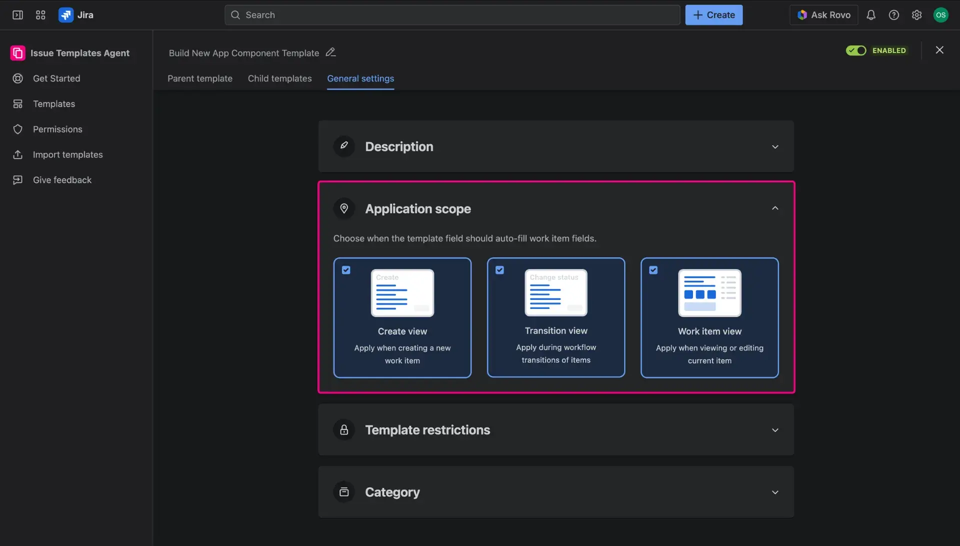 Defining template scopes in the Jira issue template configuration screen, the General setting tab - the graphic portrays 3 cards for 3 different scopes that can be selected by marking of the checkbox in the left right corner.