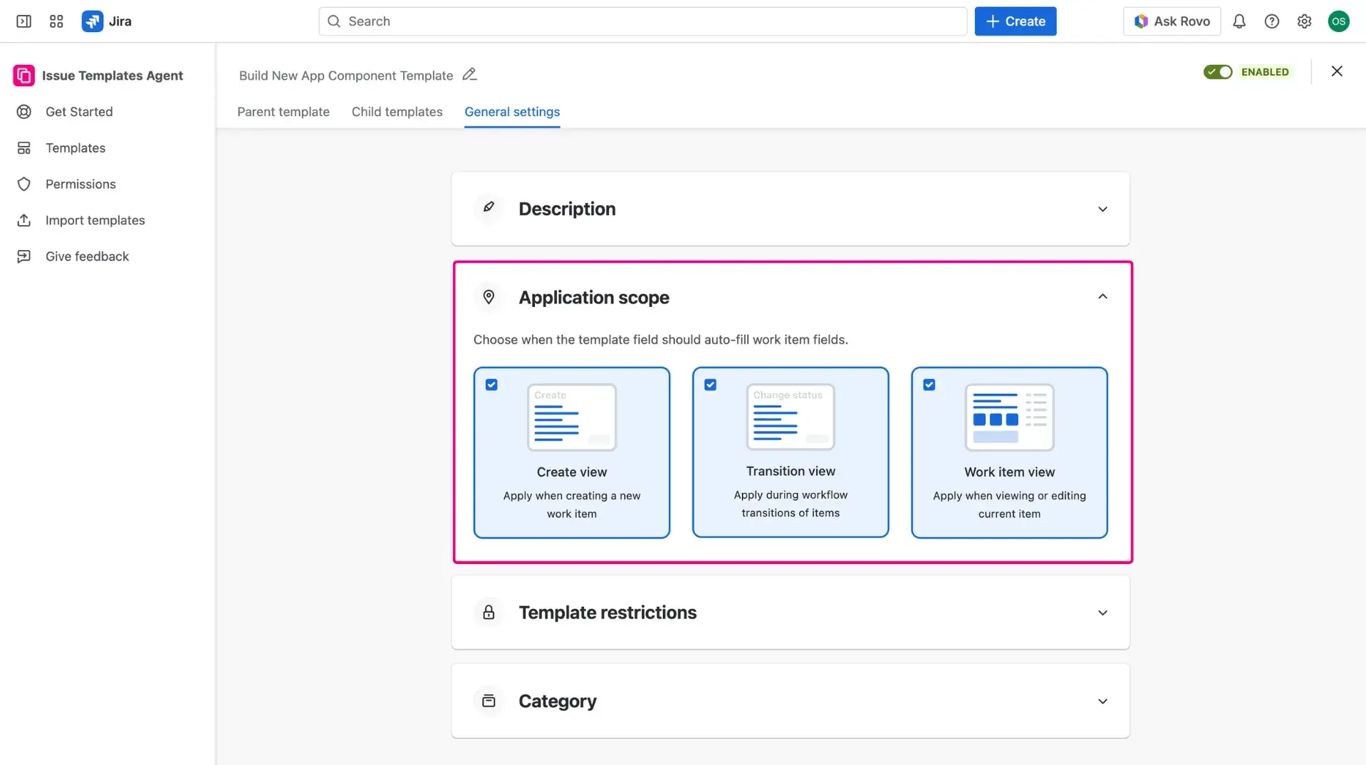 Defining template scopes in the Jira issue template configuration screen, the General setting tab - the graphic portrays 3 cards for 3 different scopes that can be selected by marking of the checkbox in the left right corner.