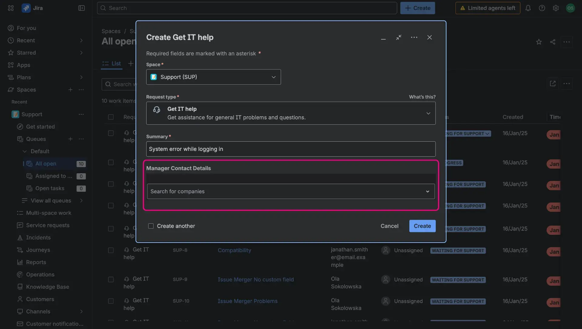 Create work item screen with added HubSpot Jira integration custom field.
