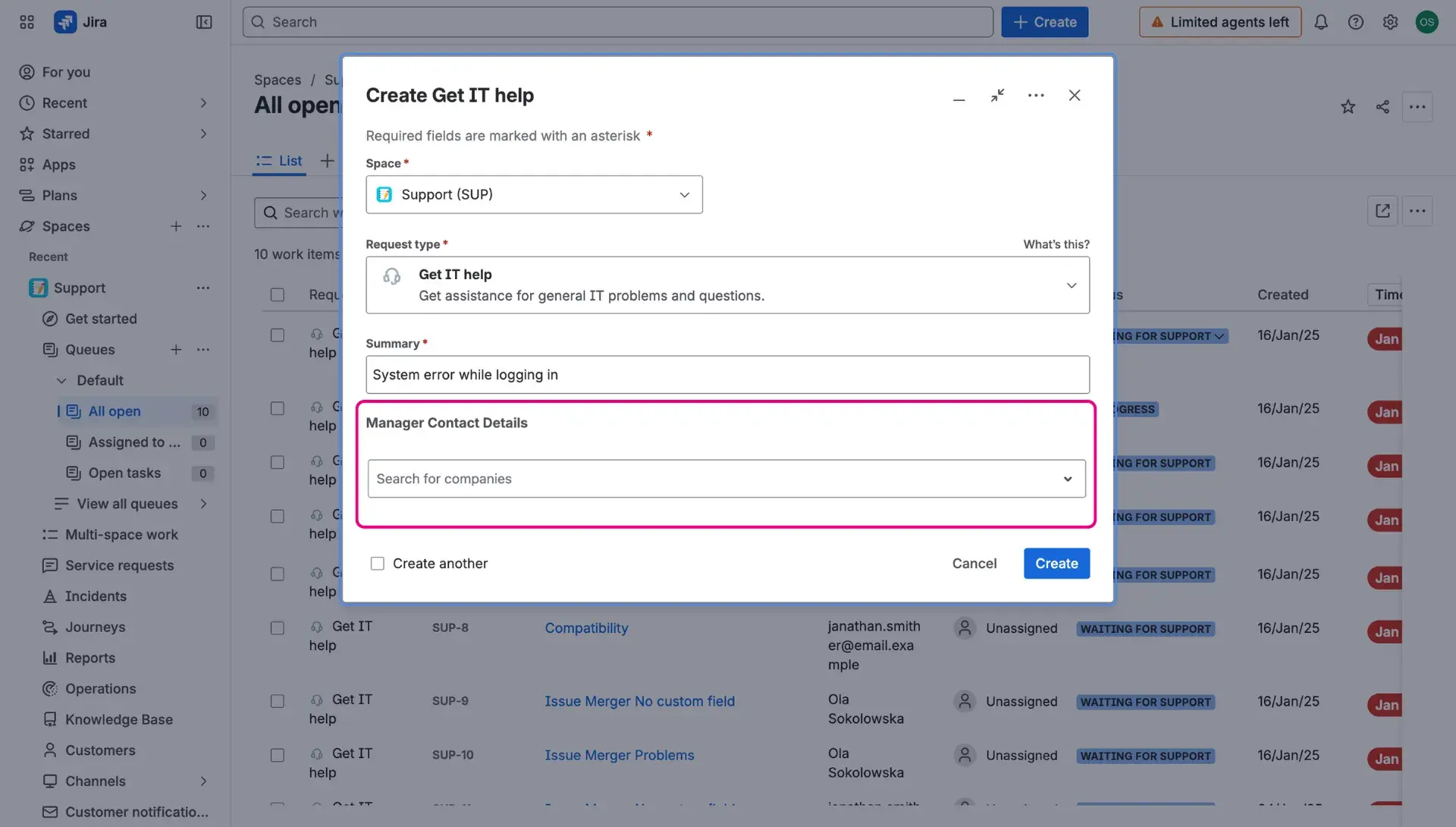 Create work item screen with added HubSpot Jira integration custom field.