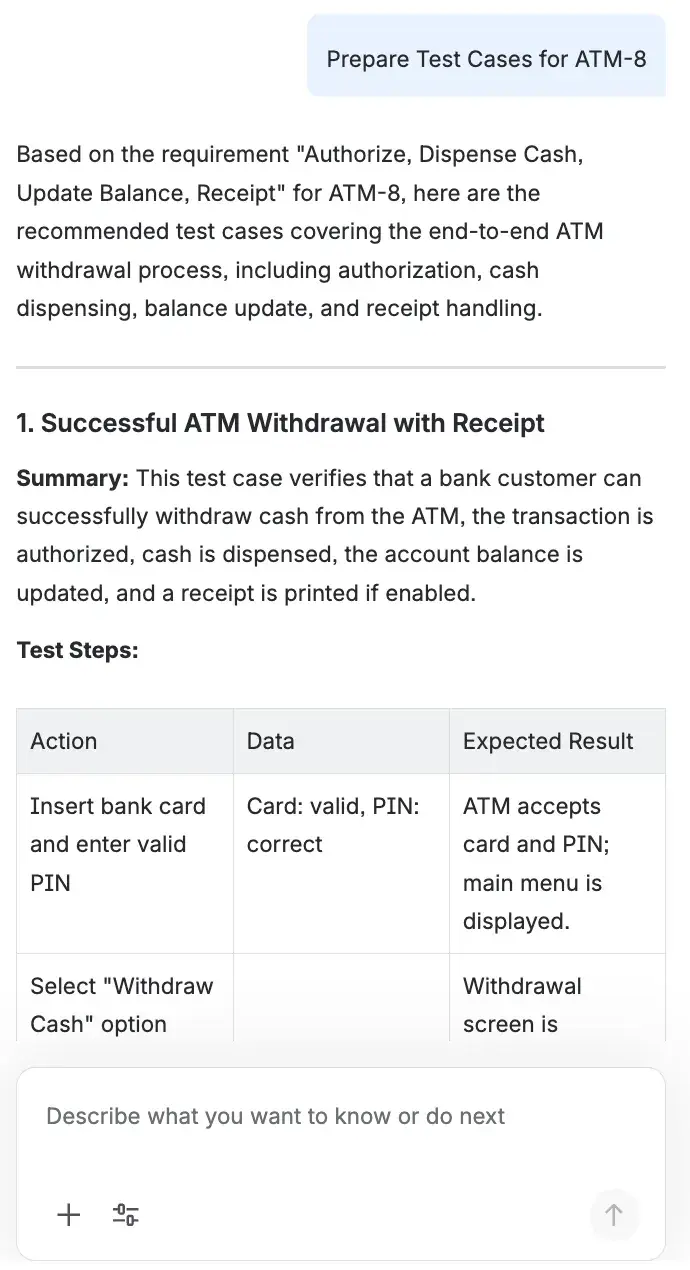 Atlassian Rovo AI-assisted generation of a test case draft, highlighting automated step suggestions.