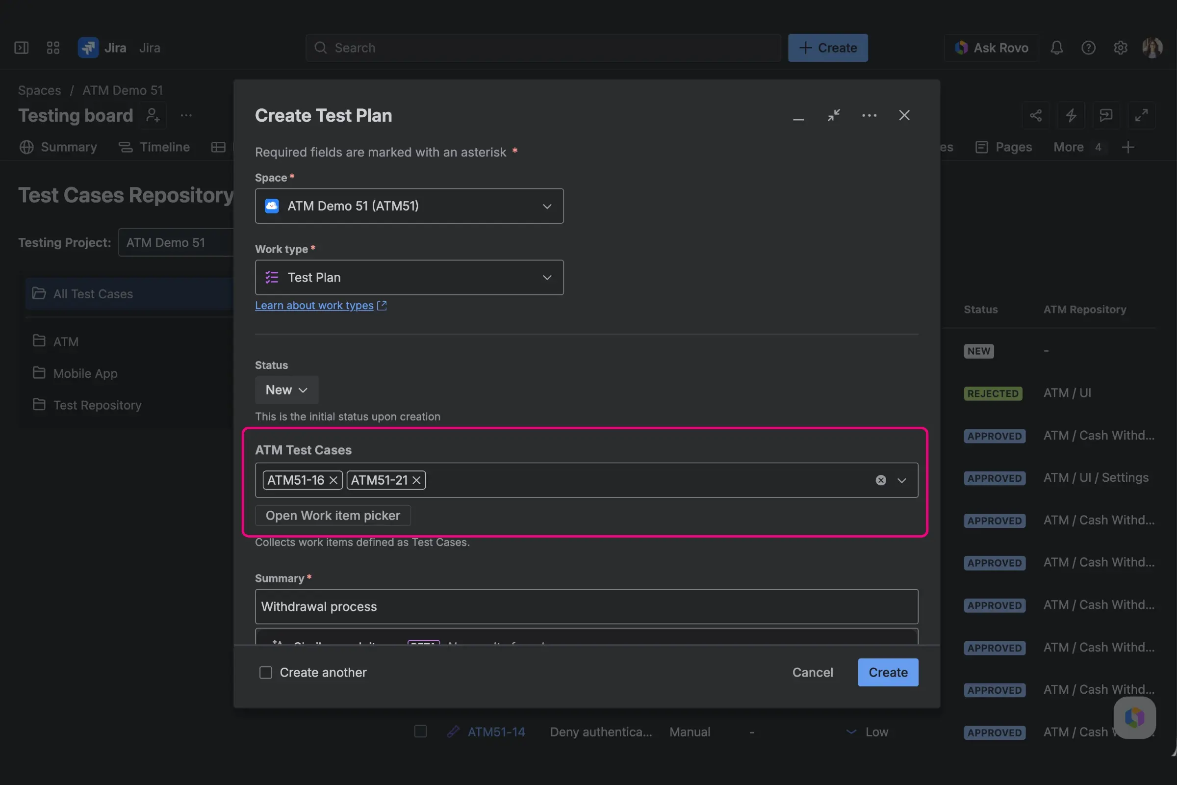 Creating a new Test Plan issue in Jira, showcasing the ATM Test Cases custom field used for initial linking.