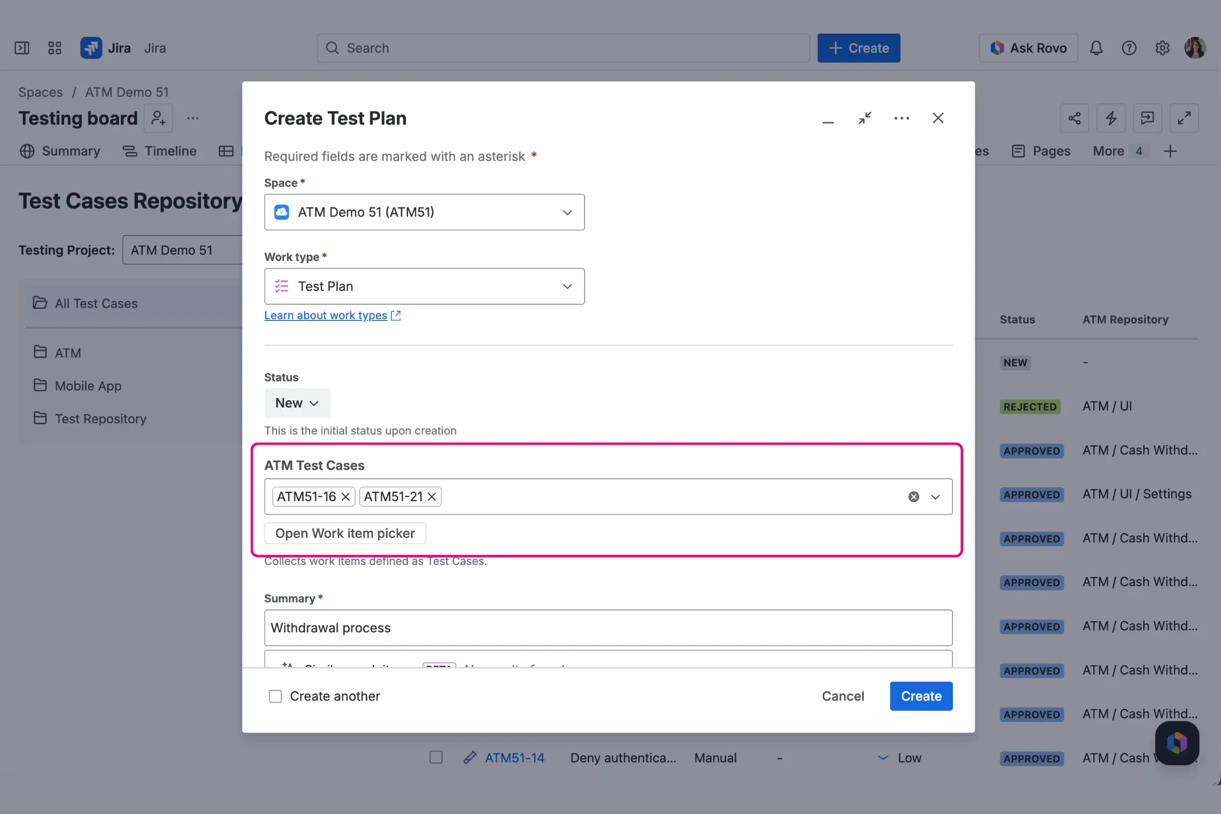 Creating a new Test Plan issue in Jira, showcasing the ATM Test Cases custom field used for initial linking.