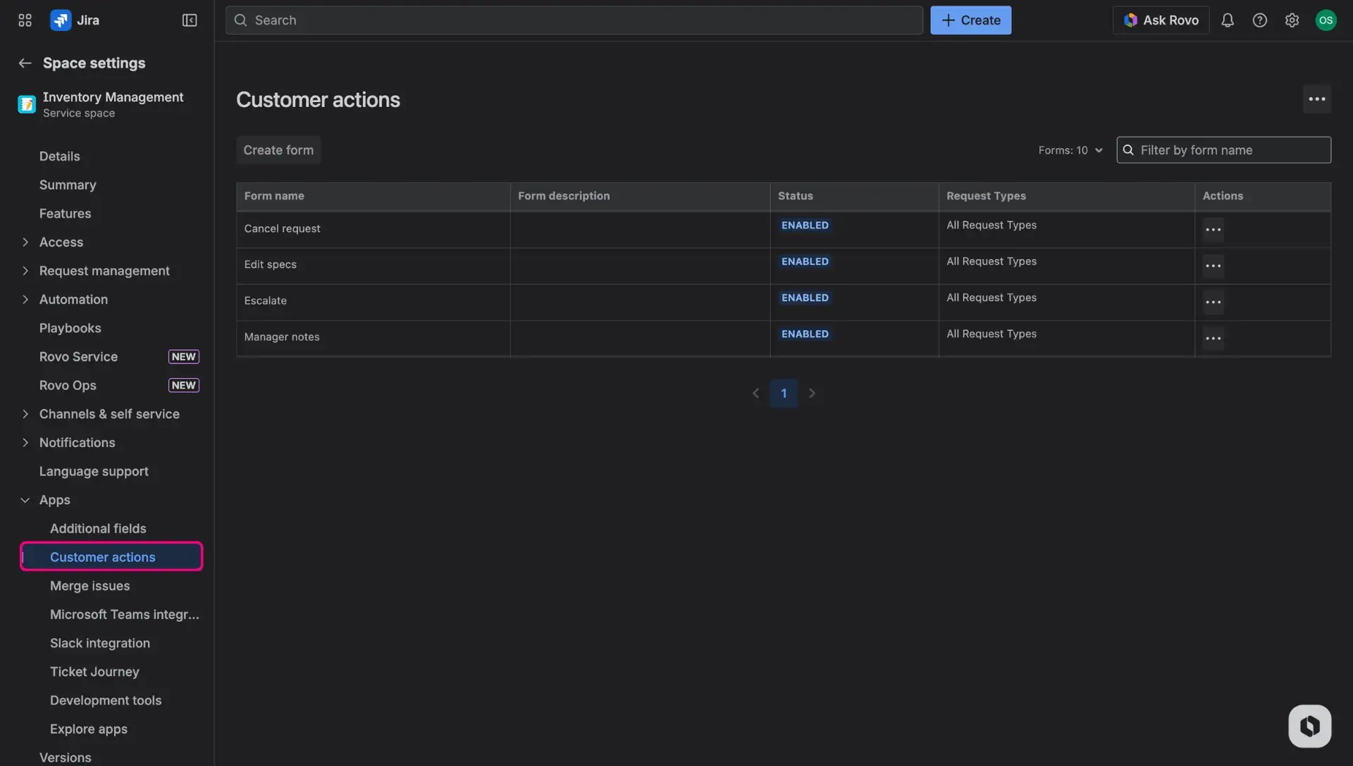 Image of service space settings, the Customer actions page - available in the Apps section.