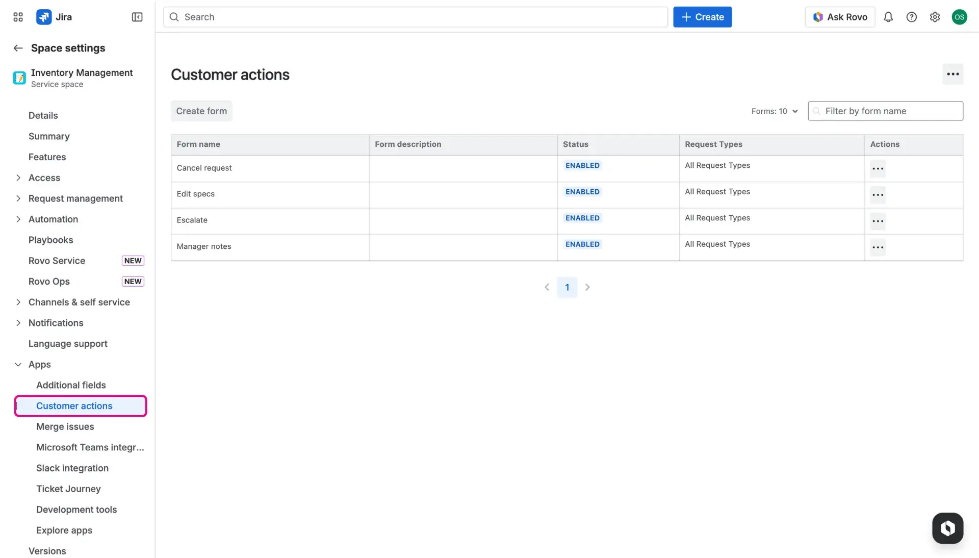 Image of service space settings, the Customer actions page - available in the Apps section.