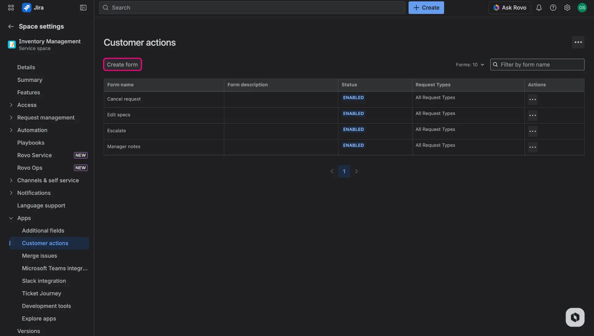 Customer actions page in the space settings - Create form button highlighted, available on top of the table visible on the page