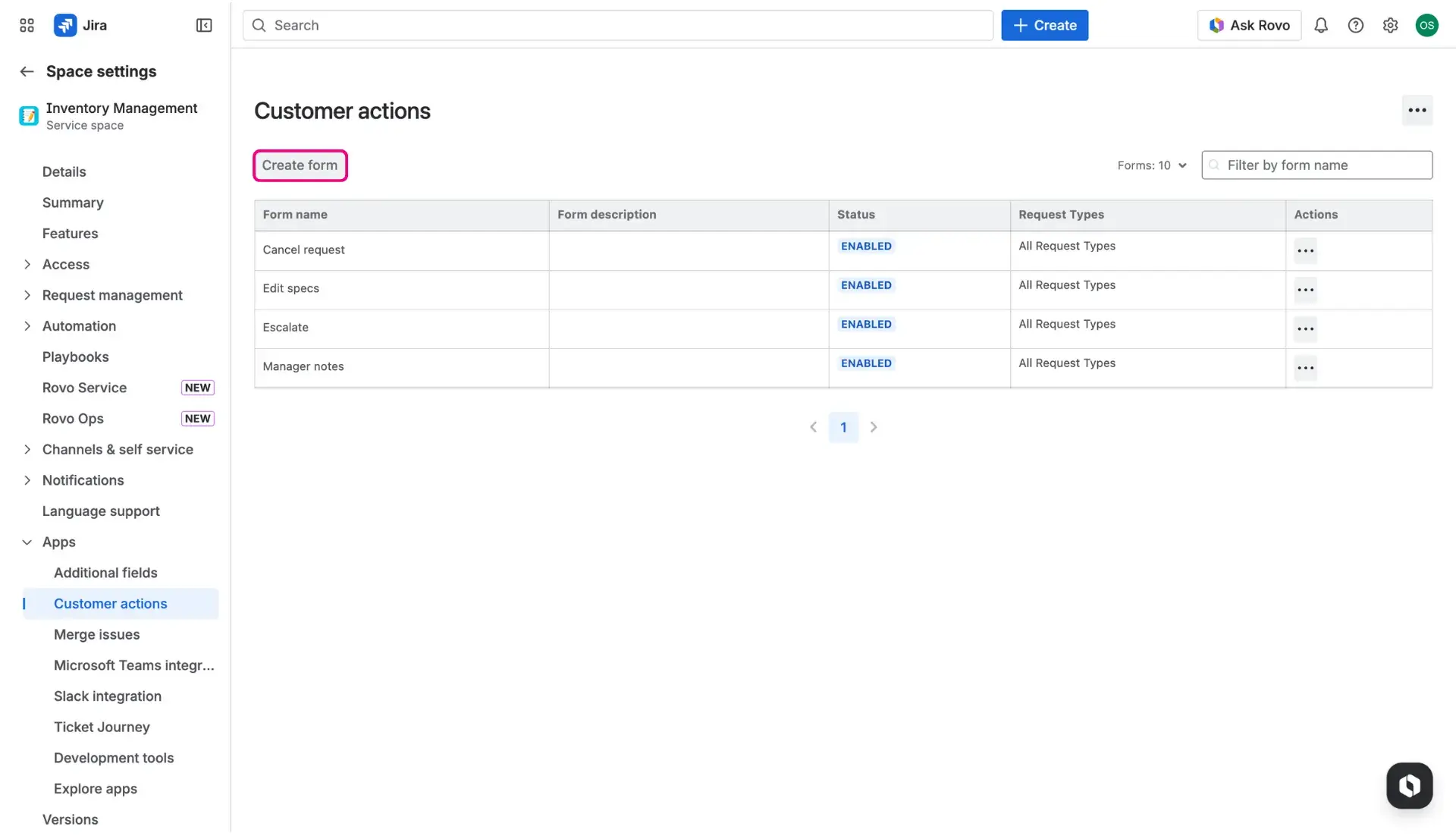 Customer actions page in the space settings - Create form button highlighted, available on top of the table visible on the page