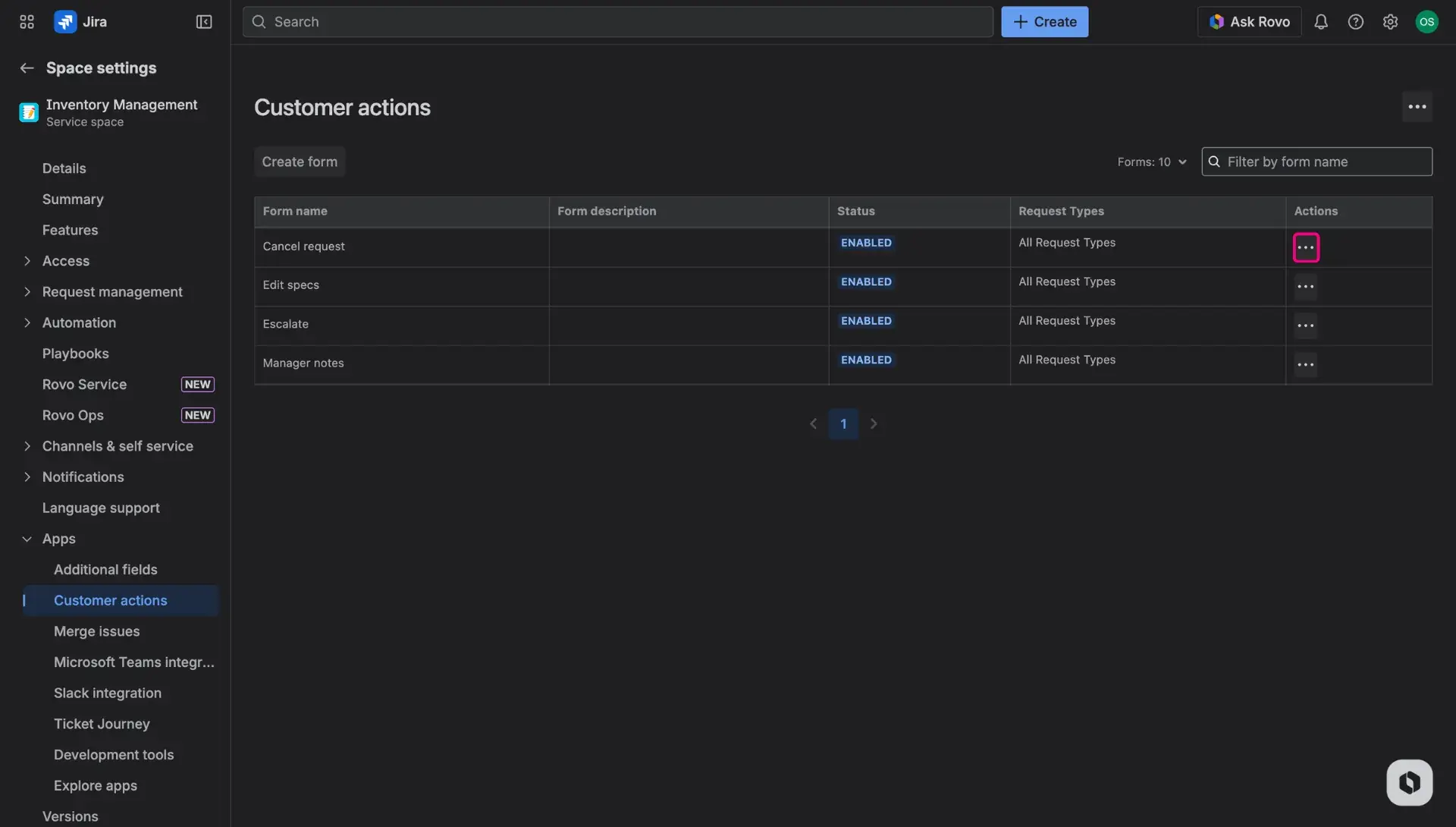 Customer actions page in the space settings - More actions button in the last column of the table highlighted.