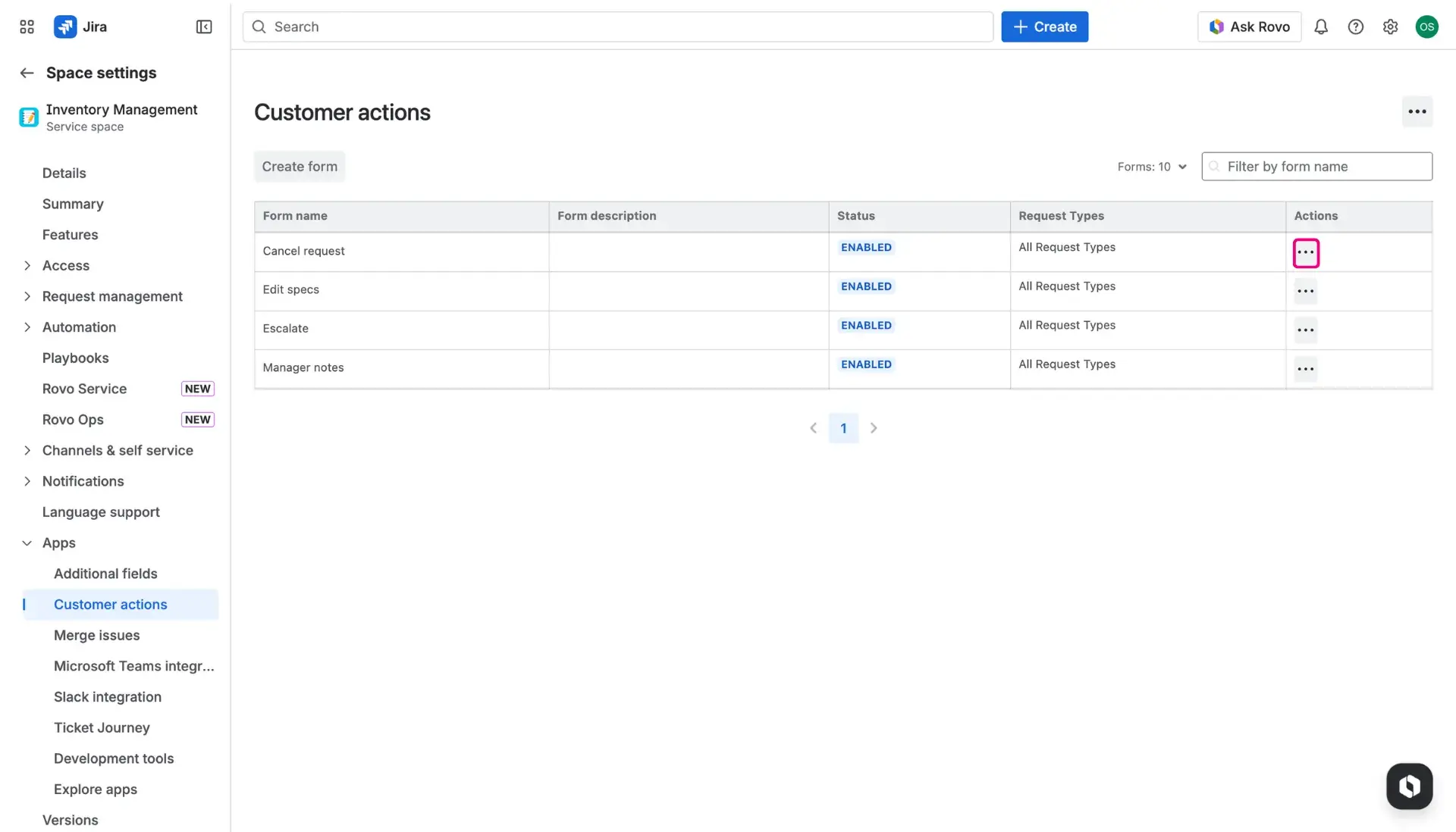 Customer actions page in the space settings - More actions button in the last column of the table highlighted.
