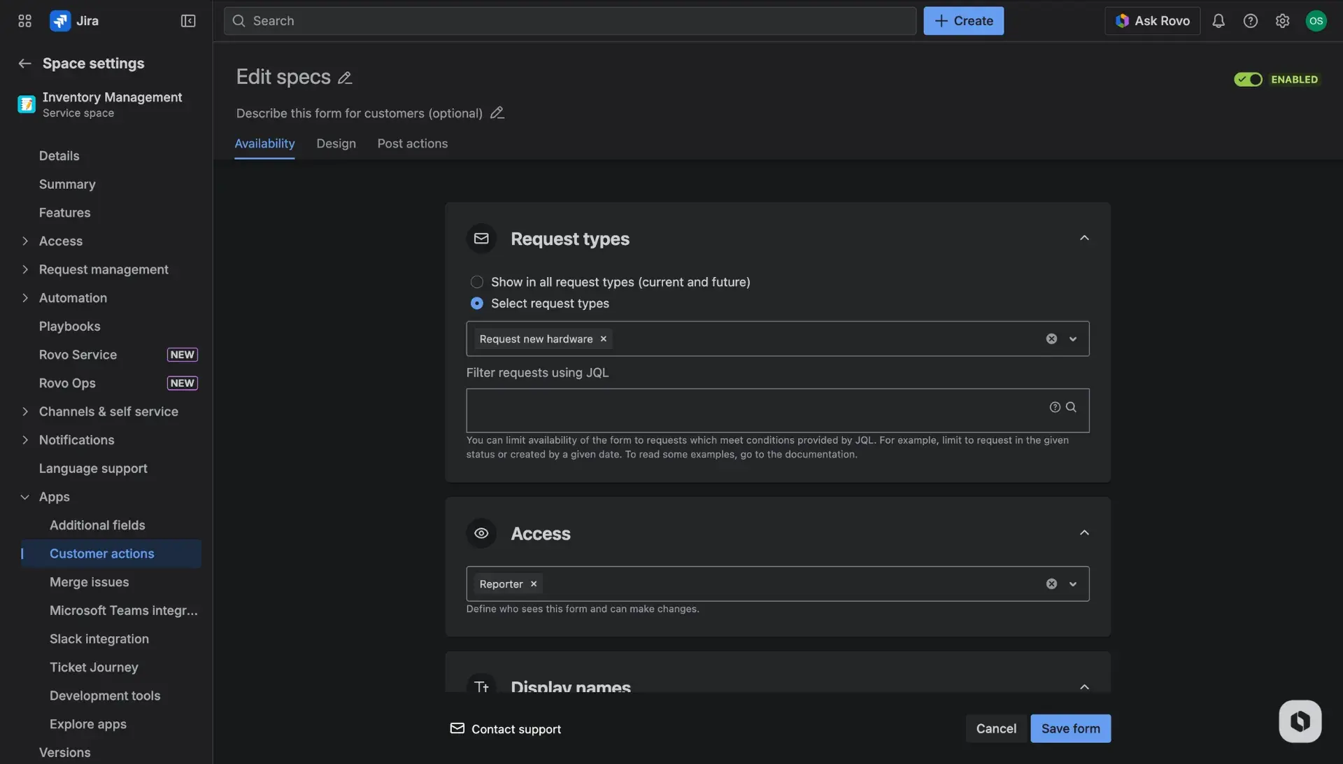 Customer actions configuration page - the Availability tab. Sections for configuring request types and more.