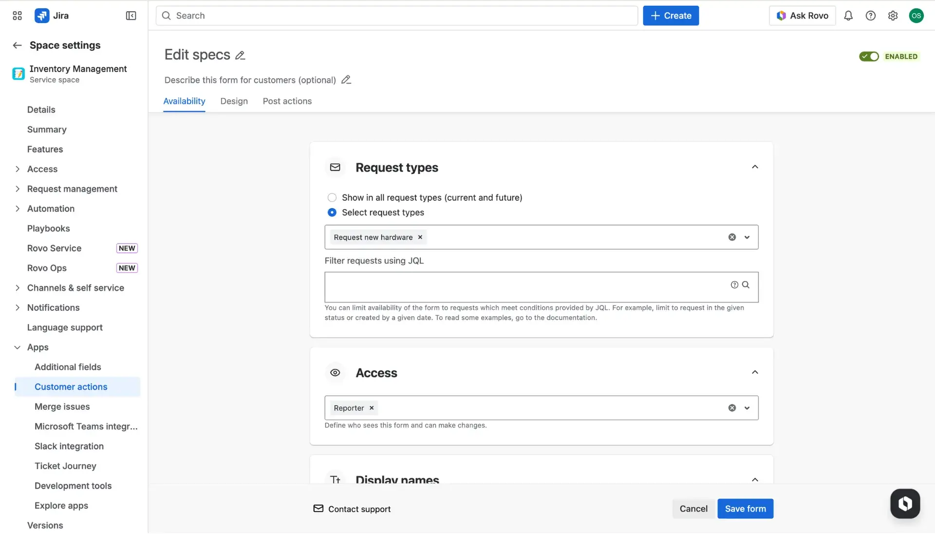 Customer actions configuration page - the Availability tab. Sections for configuring request types and access.