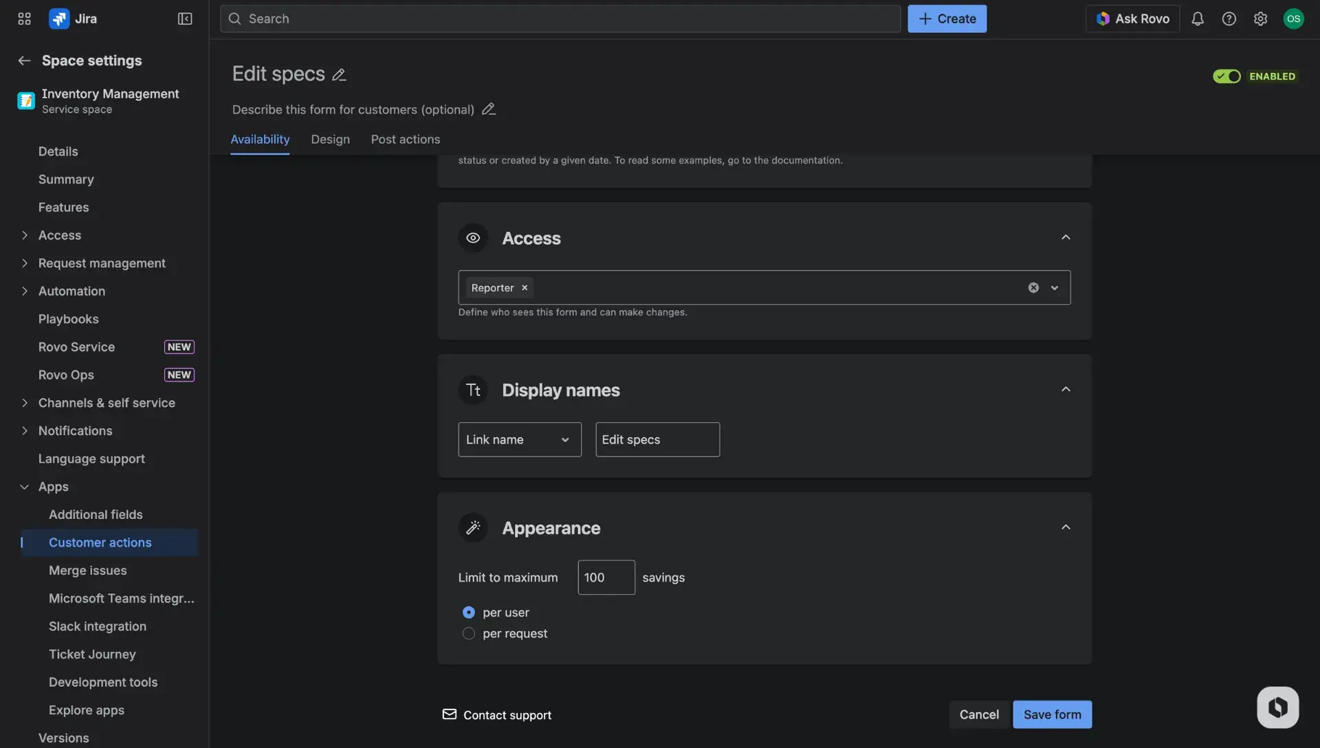 Customer actions configuration page - the Availability tab. Sections for configuring display names and appearance.