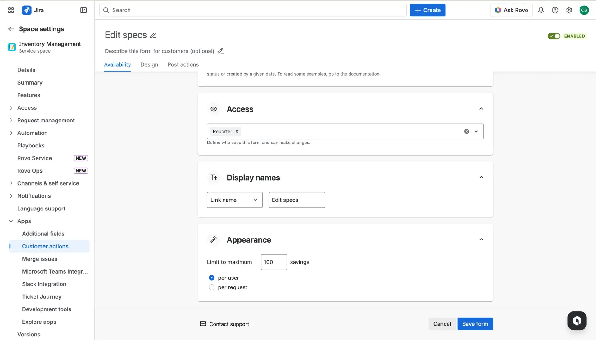 Customer actions configuration page - the Availability tab. Sections for configuring display names and appearance.