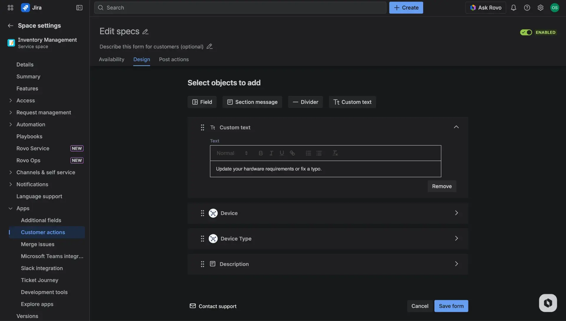 Customer actions configuration page - the Design tab.