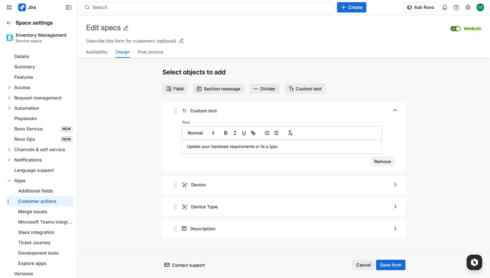 Customer actions configuration page - the Design tab.
