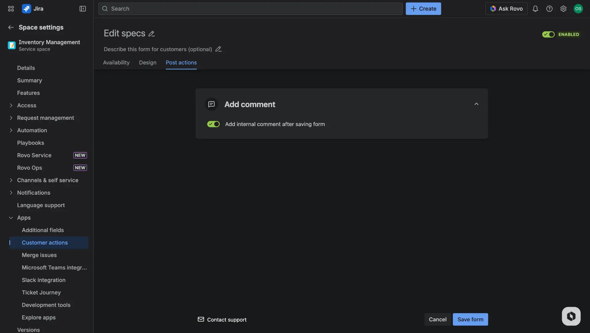 Customer actions configuration page - the Post-actions tab. Configuring the addition of internal comments.