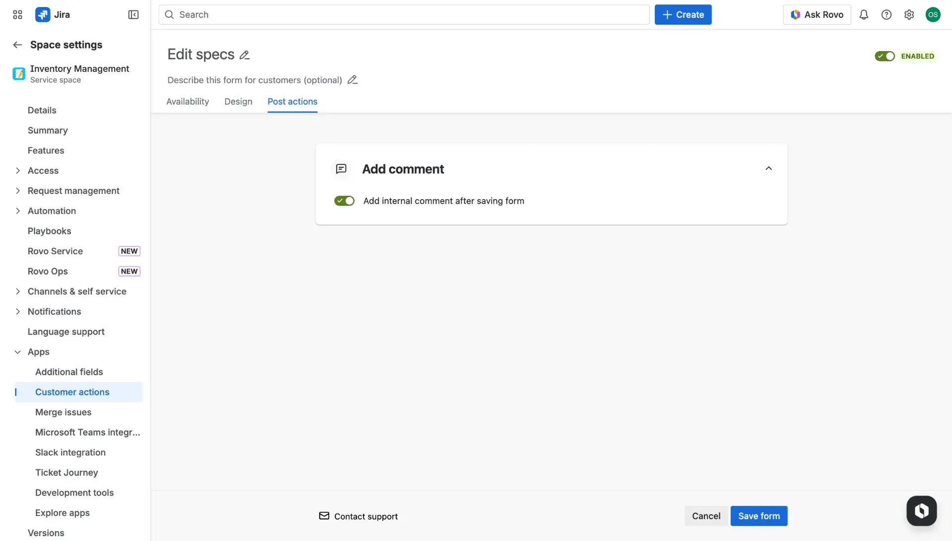 Customer actions configuration page - the Post-actions tab. Configuring the addition of internal comments.