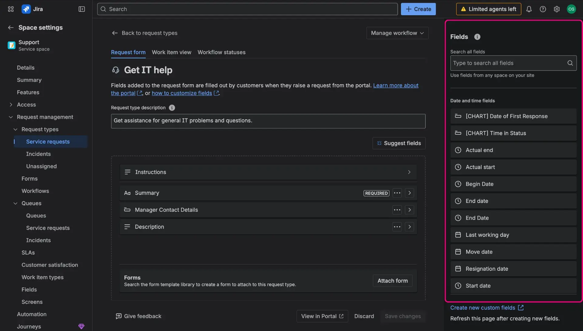 Configuration of the HubSpot custom fields on the Request Form view - accessed through service projects settings, users select and drop the custom fields into the form.