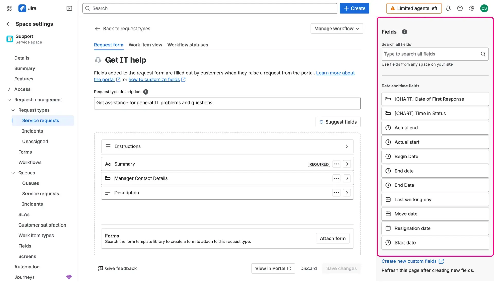 Configuration of the HubSpot custom fields on the Request Form view - accessed through service projects settings, users select and drop the custom fields into the form.
