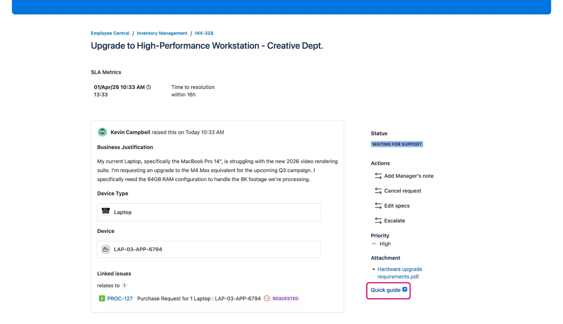 The configured Additional fields panel on the Jira Service Management customer portal - request details view. The custom link field of the panel is highlighted.